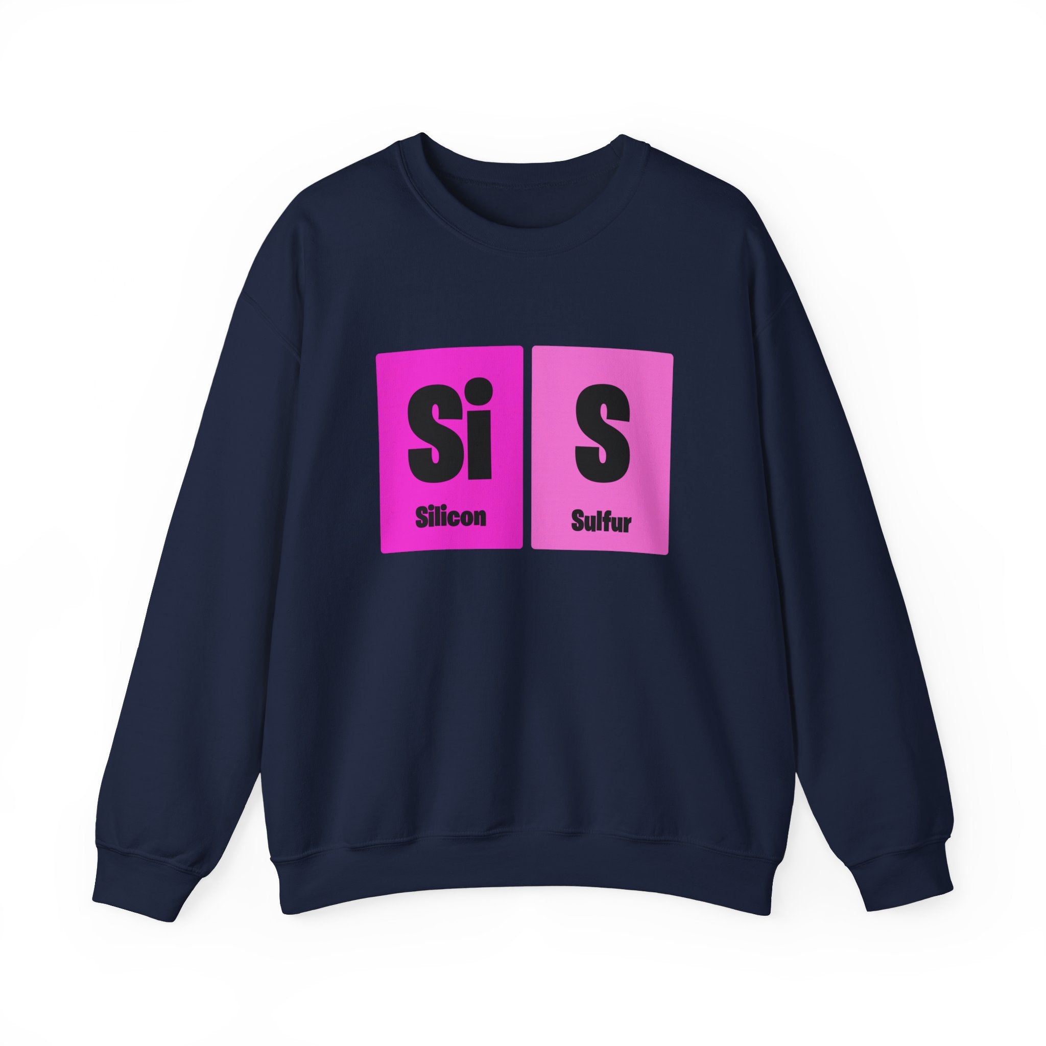 A navy blue Si-S Light Pendant - Sweatshirt featuring pink blocks with the element symbols "Si" for Silicon and "S" for Sulfur, along with their names underneath. This fashionable piece ensures warmth while showcasing your love for chemistry, making it a perfect blend of fashion & warmth.