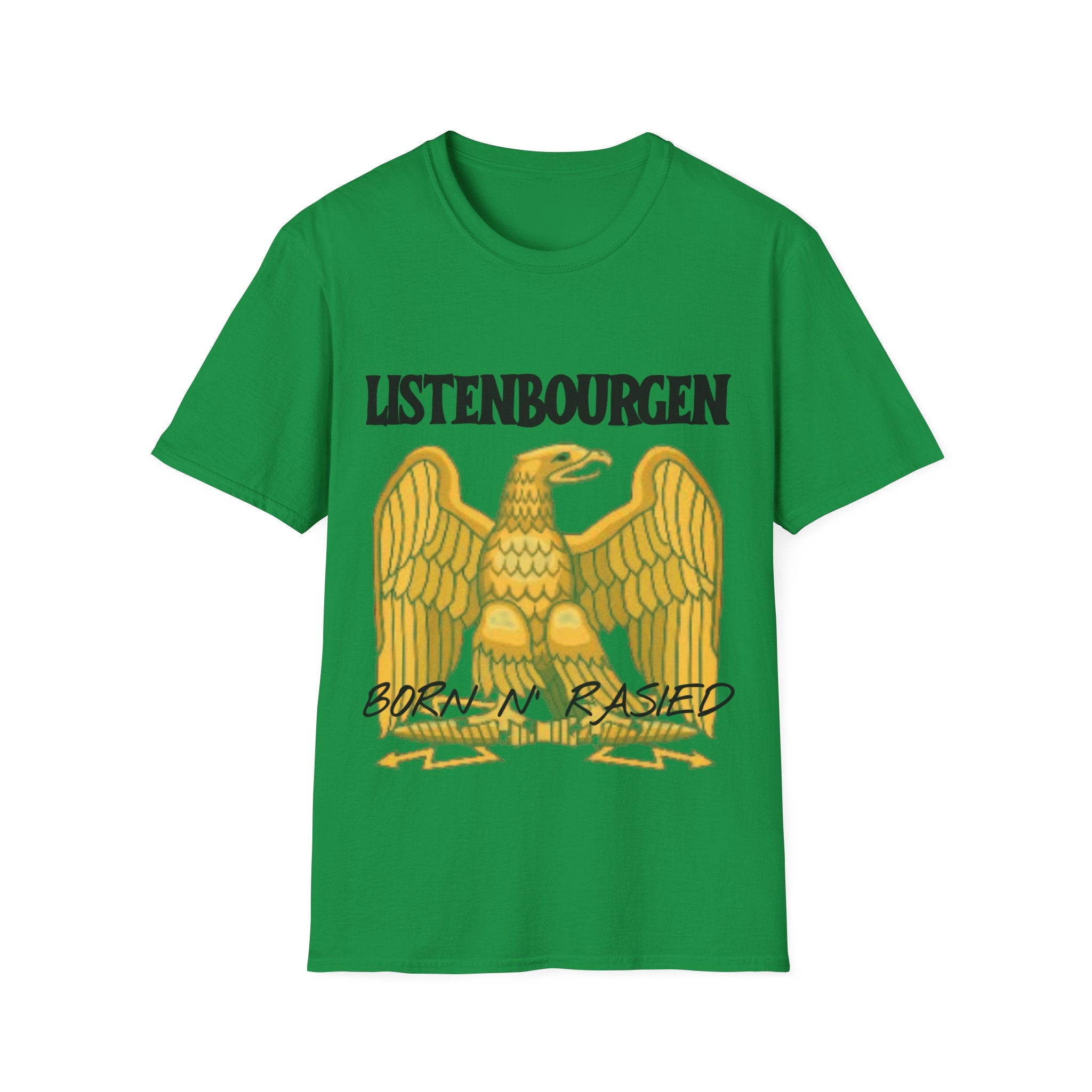 Listebourg Born N Raised T-Shirt in green, featuring a chic yellow eagle design with "LISTENBOURGEN" above it and "BORN & RAISED" beneath, an ideal way to display local pride in Listebourg.