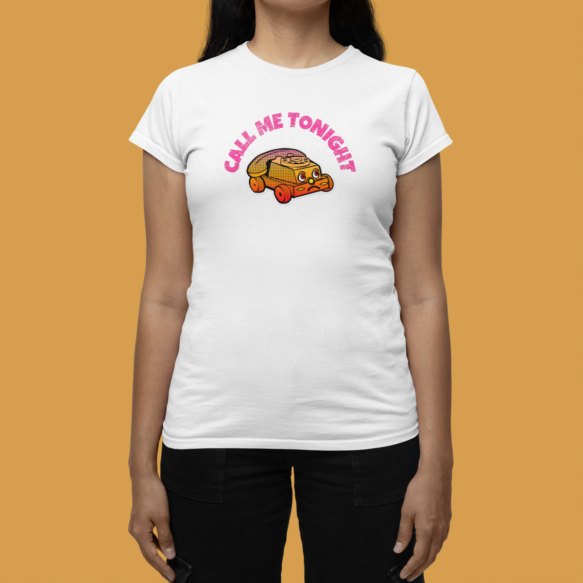 'Call Me Tonight' taco car graphic women's tee in white, woman wearing it on orange backdrop, funny gift