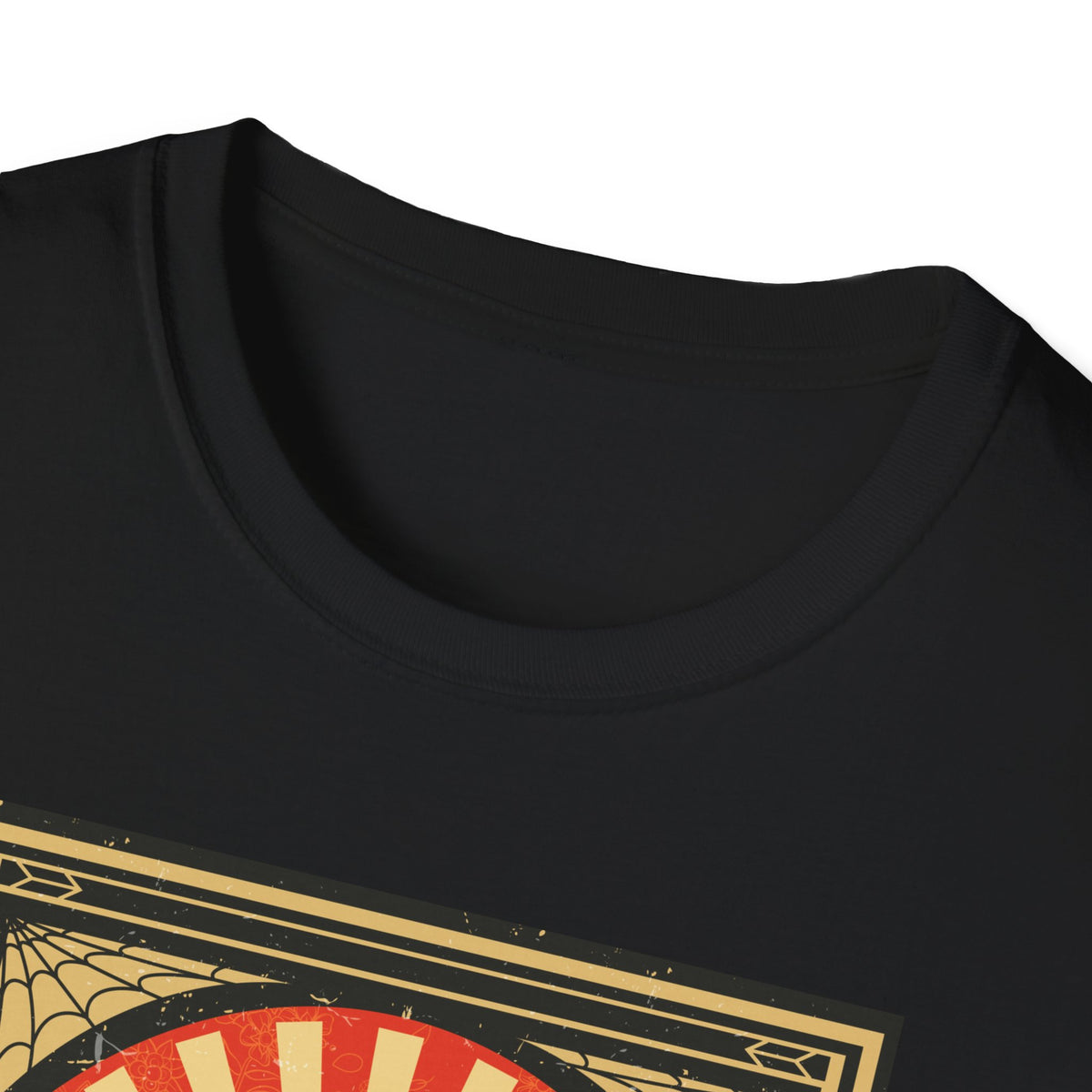 Close-up of 'Mexican Wrestler' t-shirt neckline in black, funny lucha libre graphic tee fabric detail