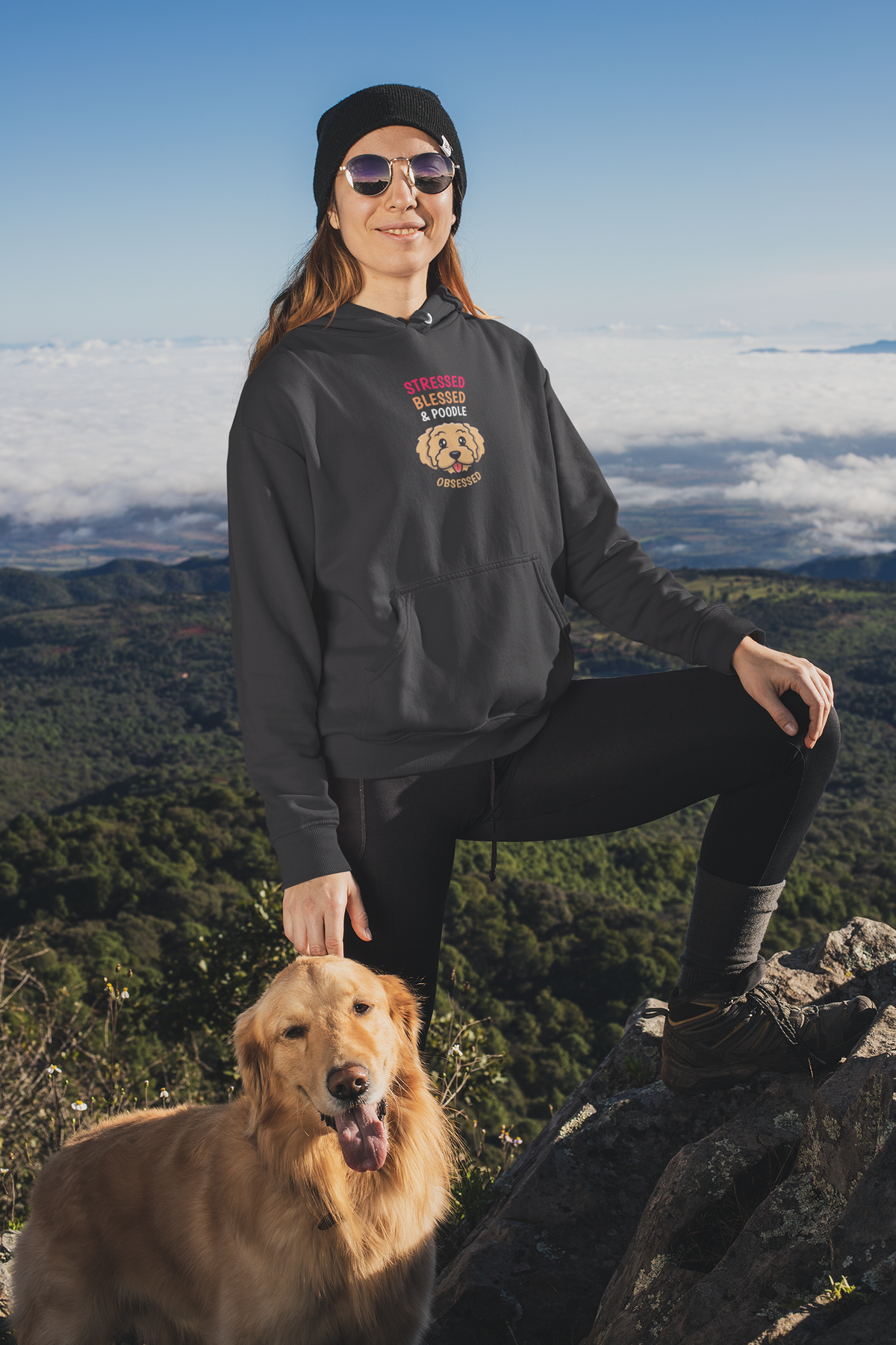 'Stressed Blessed & Poodle Obsessed' hoodie in heather grey, woman hiking with her dog, poodle gift