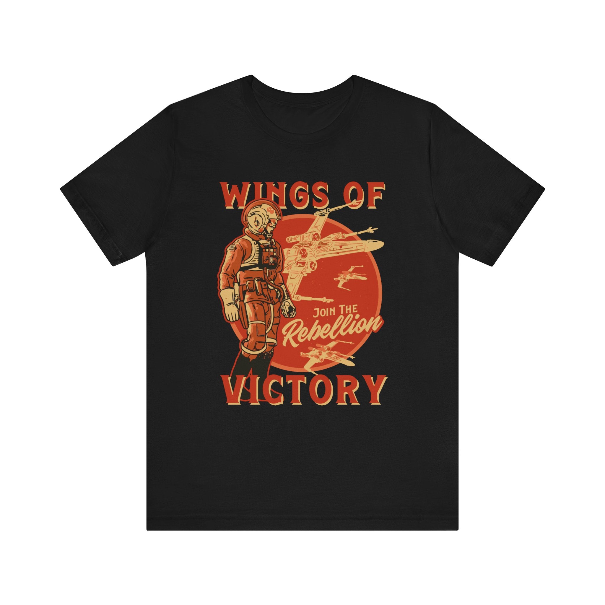 Unisex black Wings of Victory T-Shirt with a vintage-style graphic depicting a pilot and a spacecraft, featuring the text "wings of victory join the rebellion" in quality print.