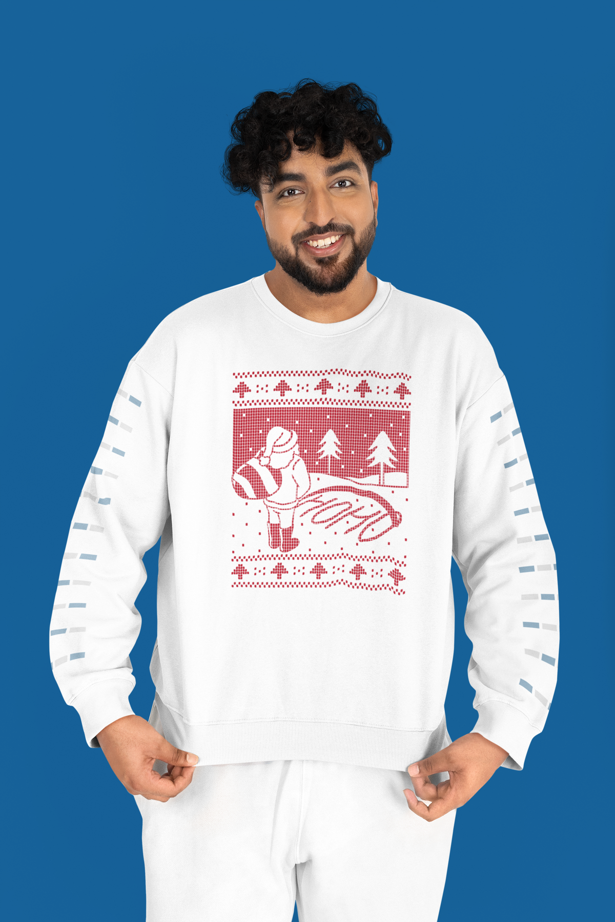 Ugly Sweater HoHo Santa sweatshirt in white, bearded man wearing it, funny Christmas gift