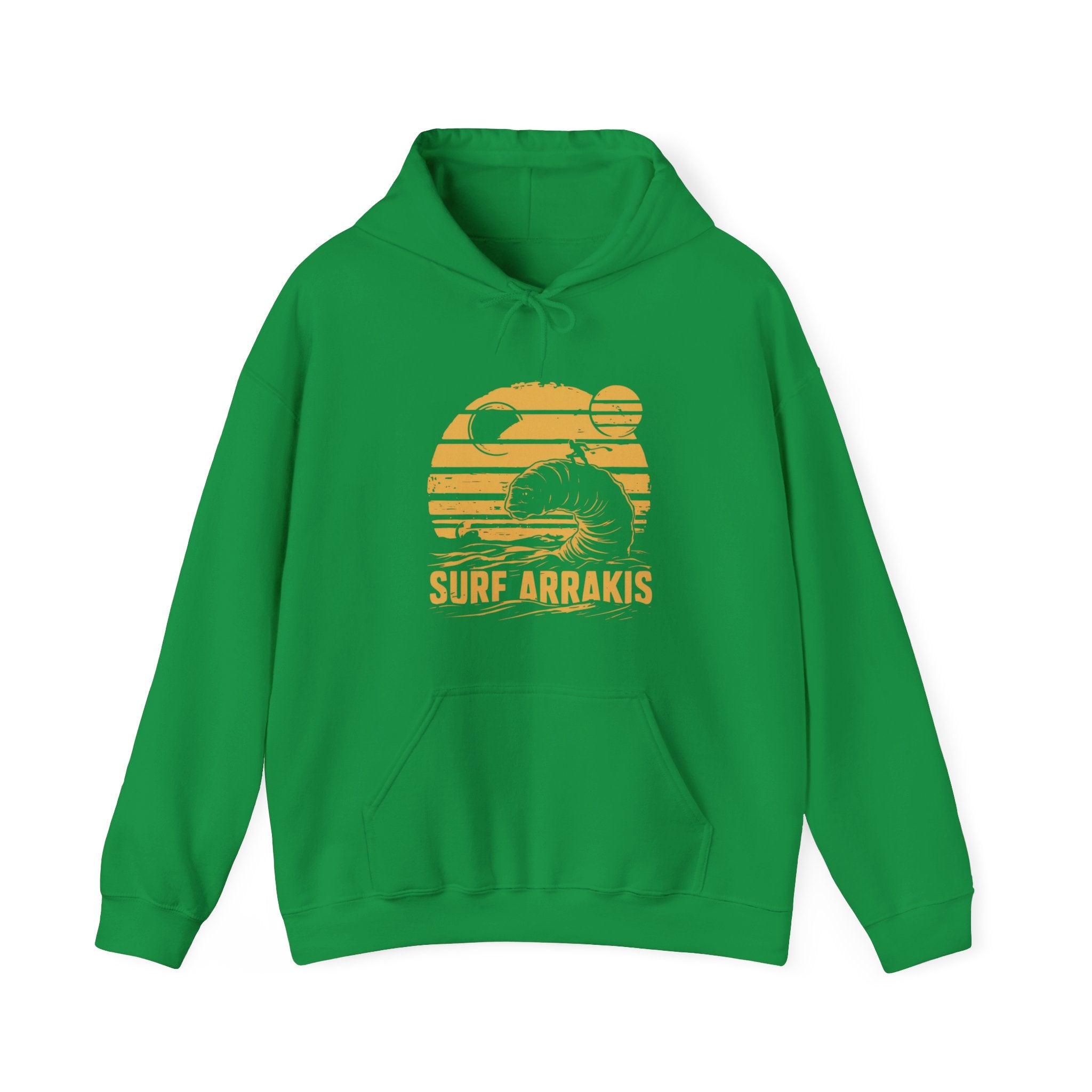 Surf Arrakis - Hooded Sweatshirt with a design of a sand dune, moons, and the text "SURF ARRAKIS" on the front.