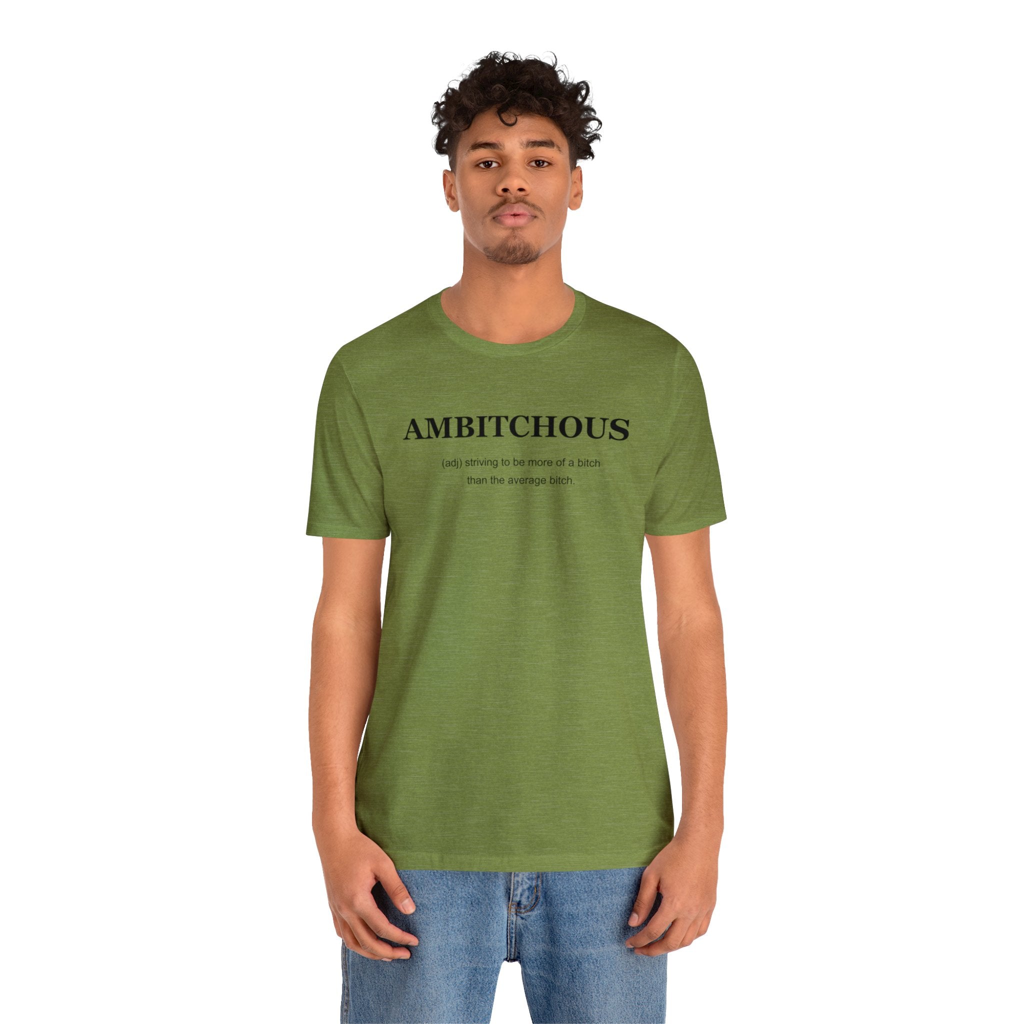 A man wearing a green Ambitchious T-Shirt.
