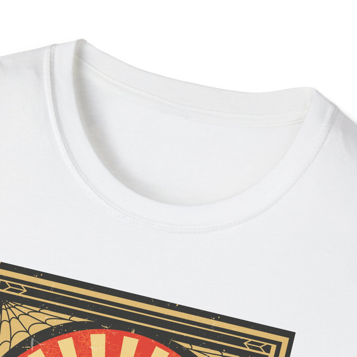 Close-up of 'Mexican Wrestler' t-shirt neckline in white, funny lucha libre graphic tee fabric detail