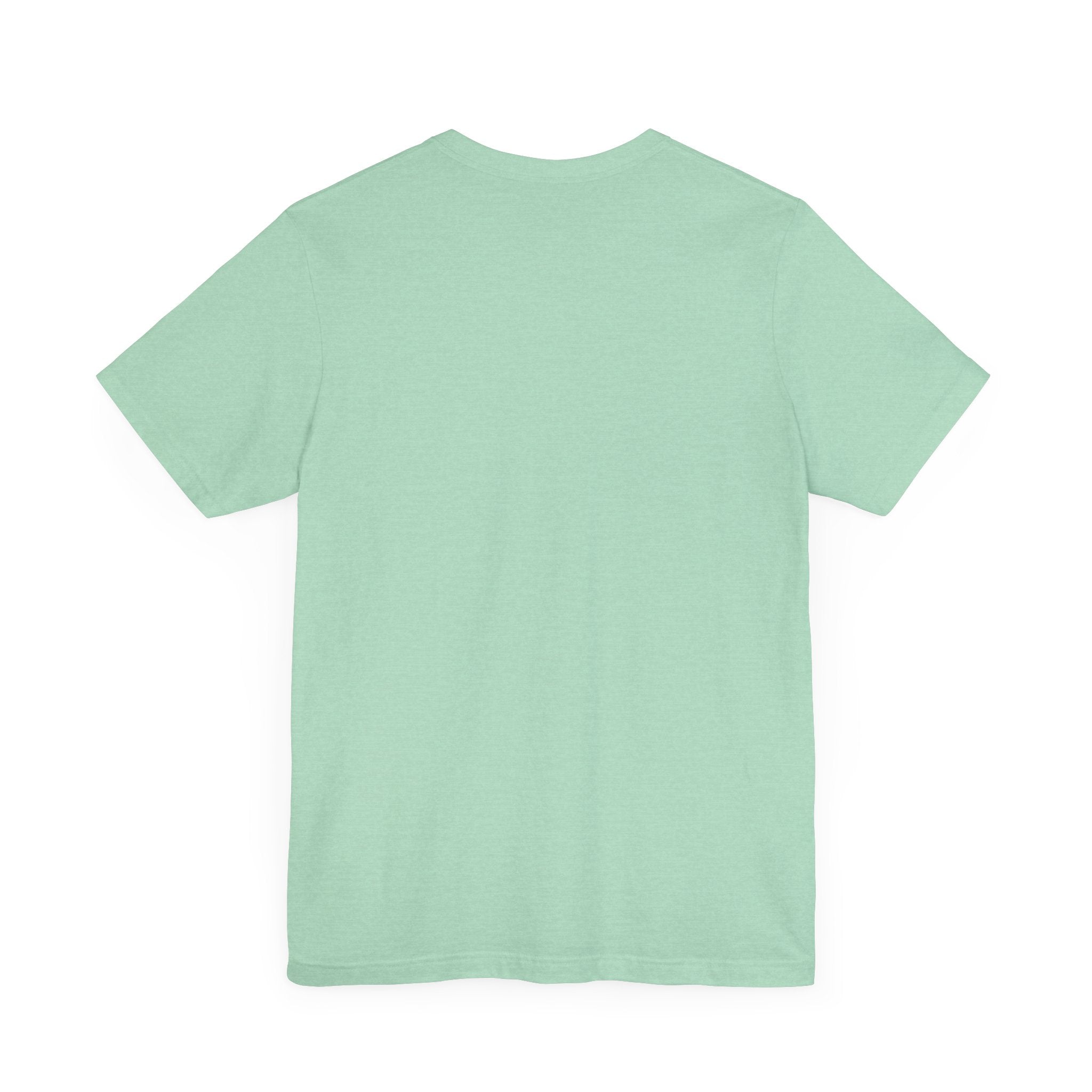 Unisex light green W-H-At?-tee displayed against a white background, viewed from the back.