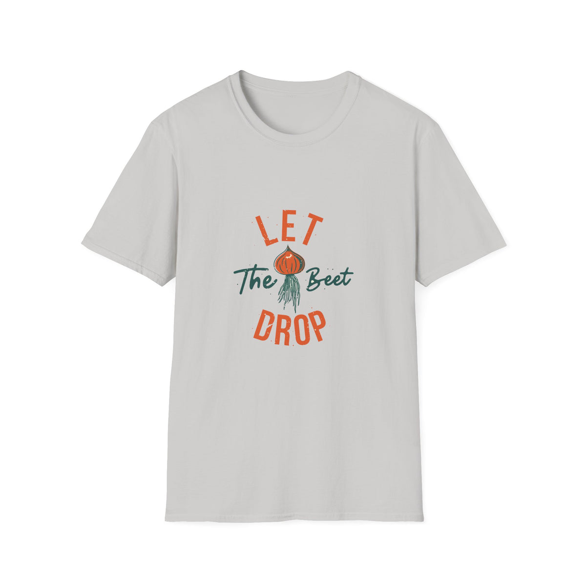 'Let the Beet Drop' funny beet pun t-shirt in ice grey, gift for gardeners and vegetable lovers