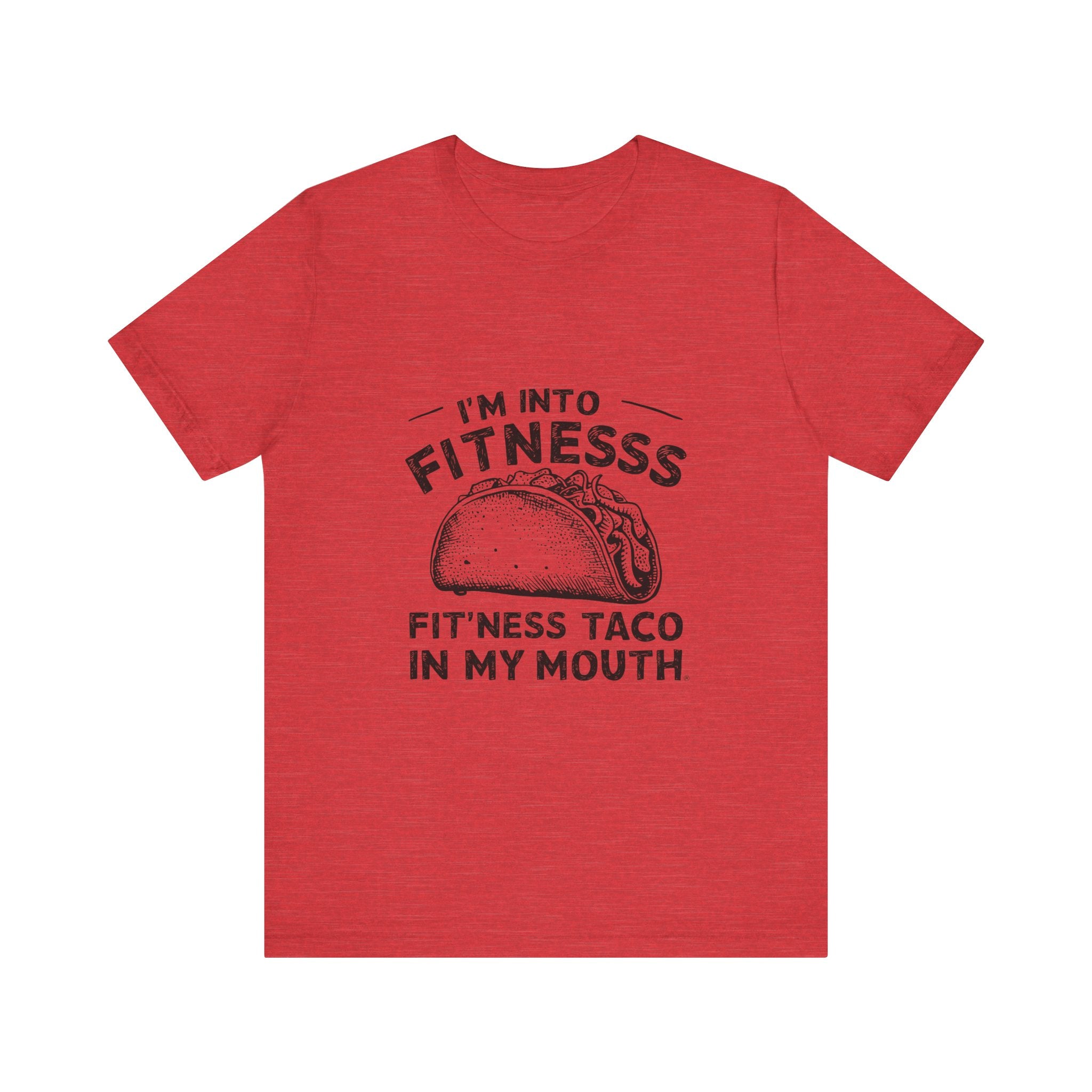 Enjoy unparalleled comfort with our "Im into Fitness - T-Shirt," crafted from soft ring-spun cotton. This vibrant red tee showcases a whimsical taco graphic accompanied by the humorous text, "I'M INTO FITNESS, FIT'NESS TACO IN MY MOUTH." It's ideal for those who appreciate humor and style in one entertaining package.