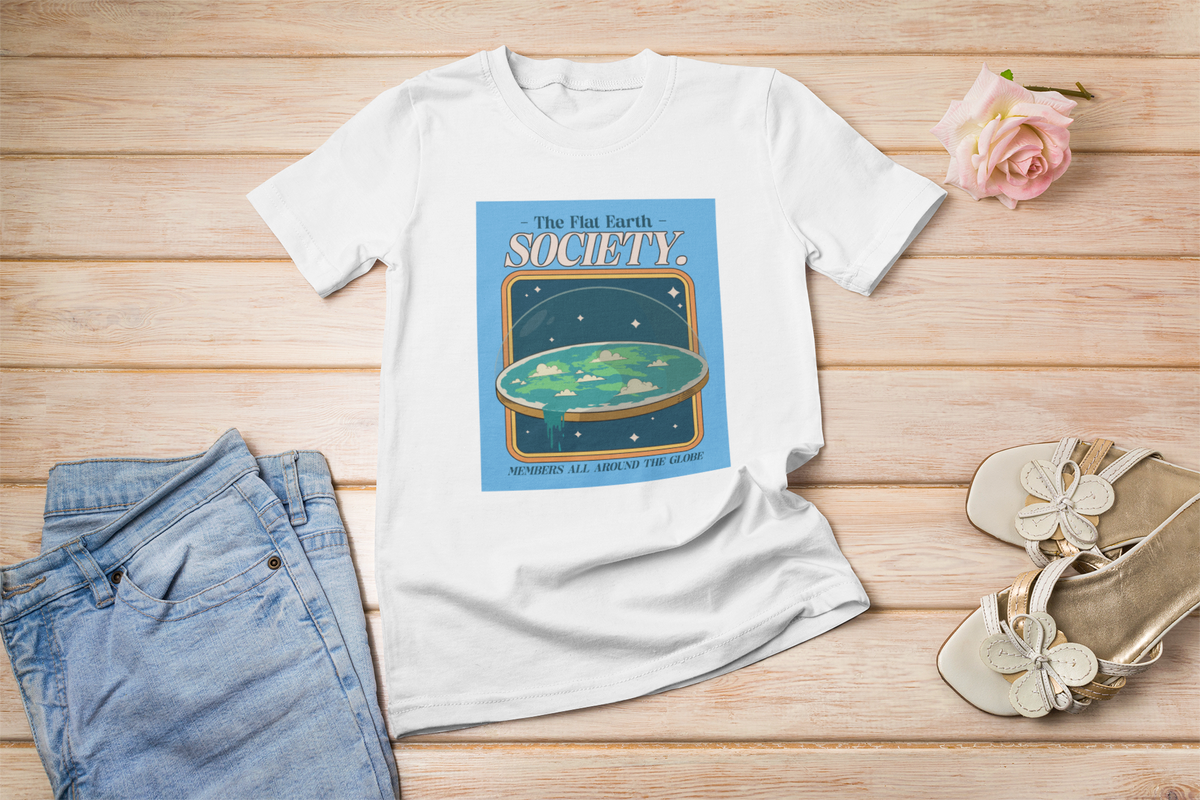 'The Flat Earth Society' t-shirt in white, styled flat lay with denim, funny science satire gift
