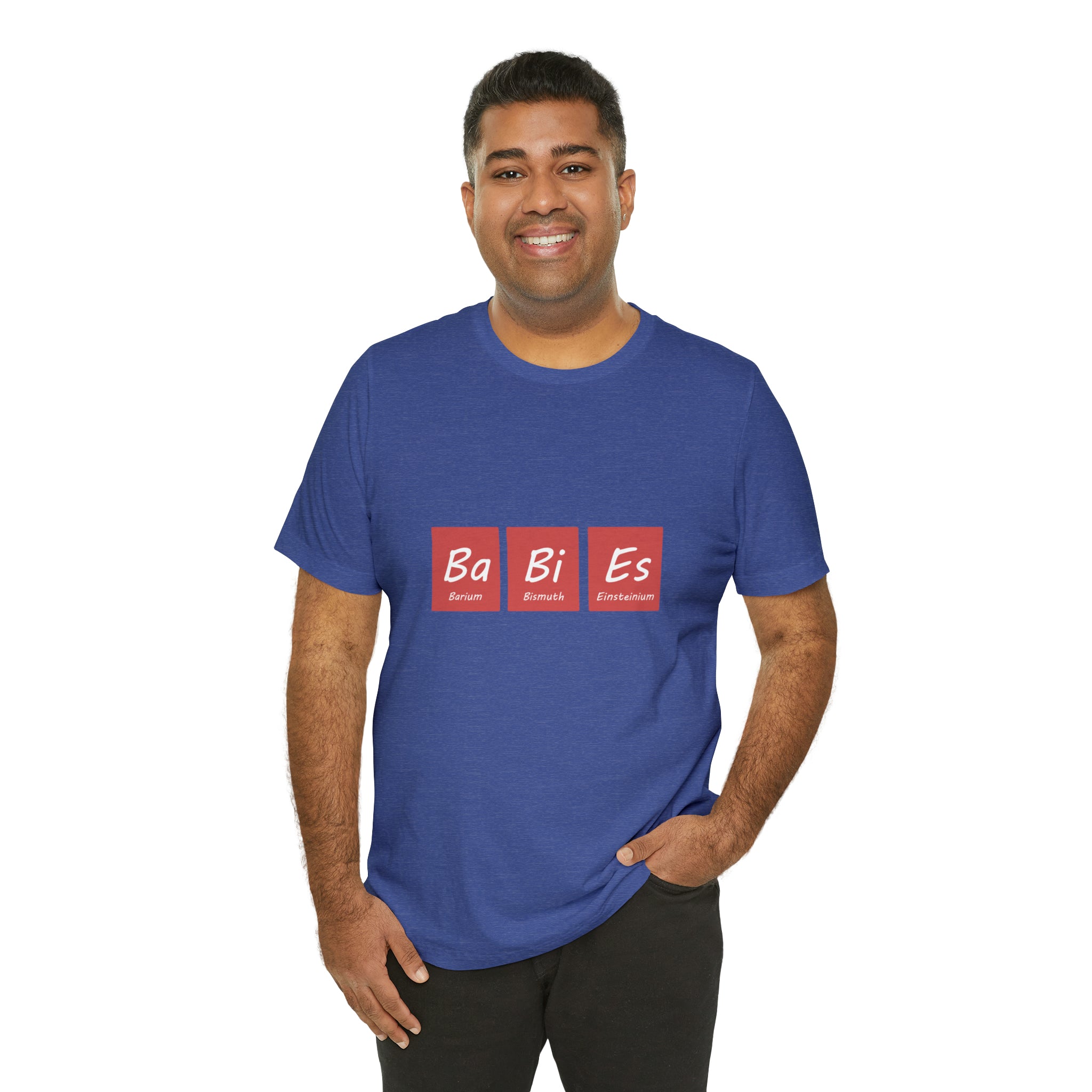 A man wearing a Ba - Bi - Es T-Shirt