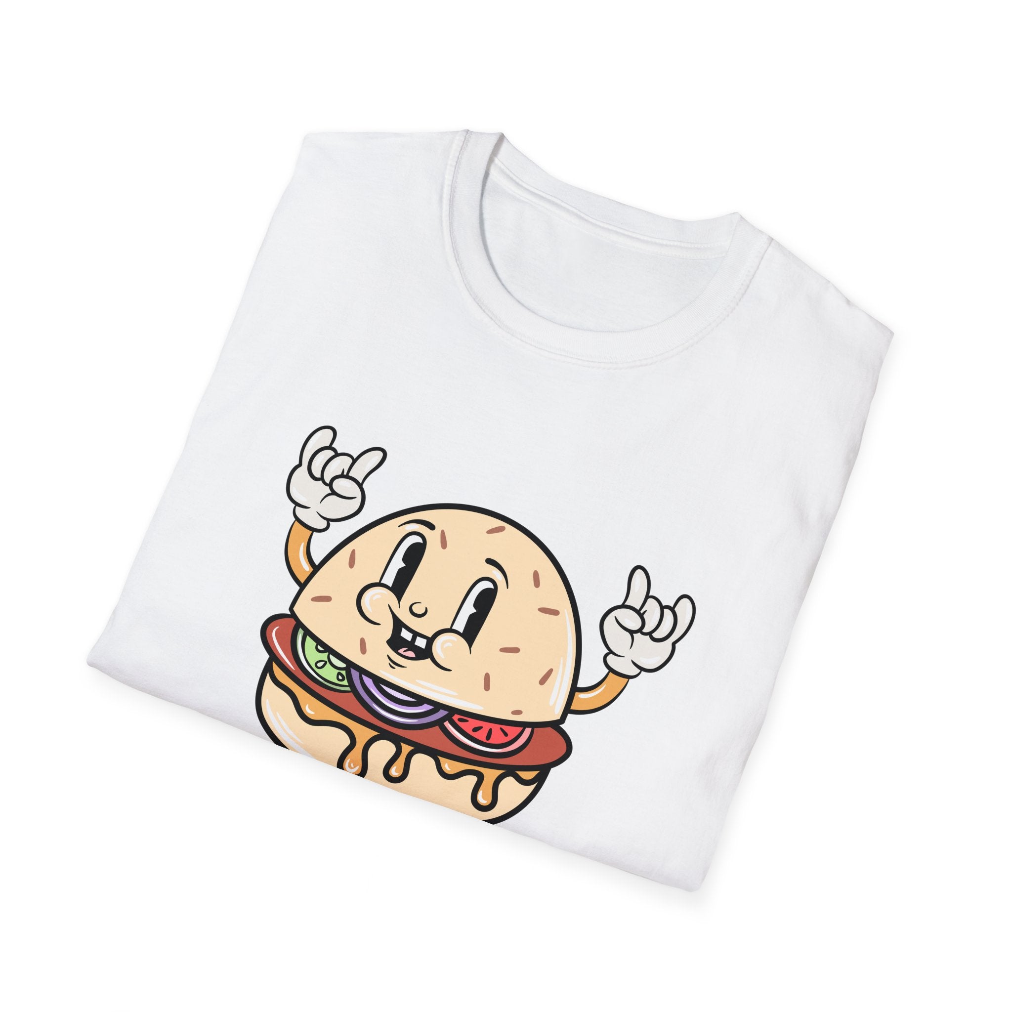 A "Burger Cartoon" white T-shirt featuring a smiling cartoon burger character with arms, making a hand sign with raised index and pinky fingers.