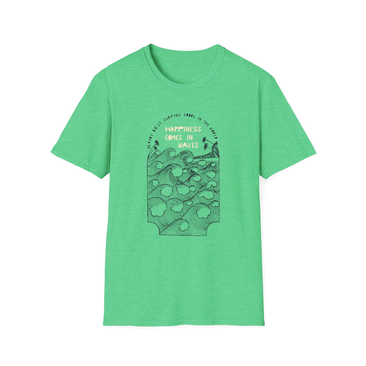 ‘Happiness Comes in Waves’ green tee, mountain lake graphic, funny gift for outdoor lovers