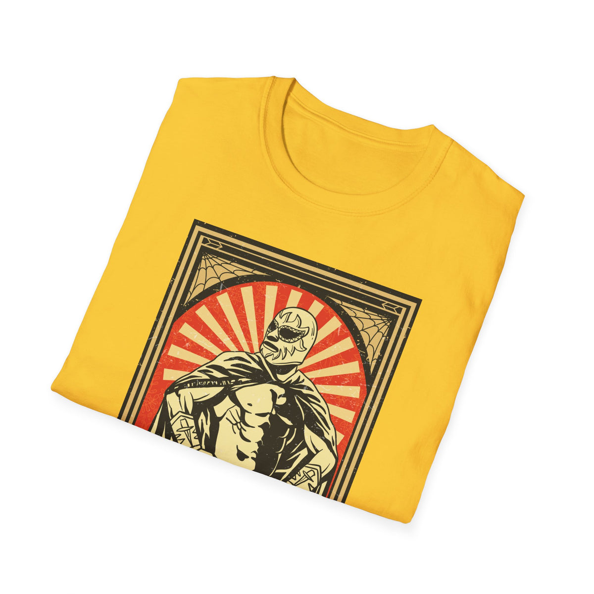 'Mexican Wrestler' retro poster print folded on yellow t-shirt, funny lucha libre gift idea
