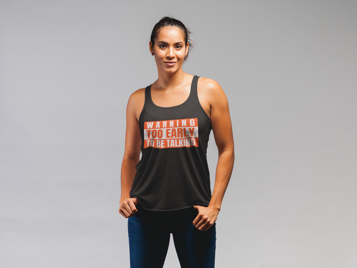 'Warning Too Early To Be Talking' funny tank top in charcoal, woman wearing it studio shot, funny gift