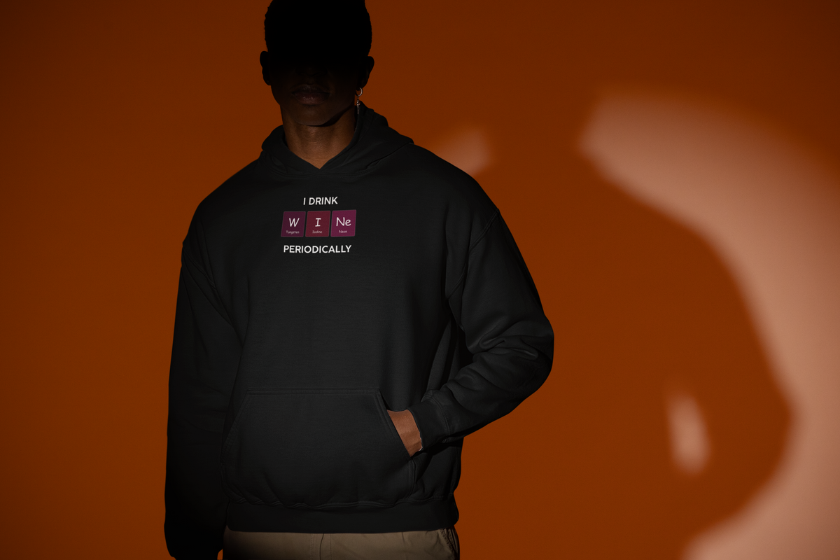 'W-I-Ne Periodic Table Hoodie' in black, man under a spotlight, Hoodie mockup, Geekpsters