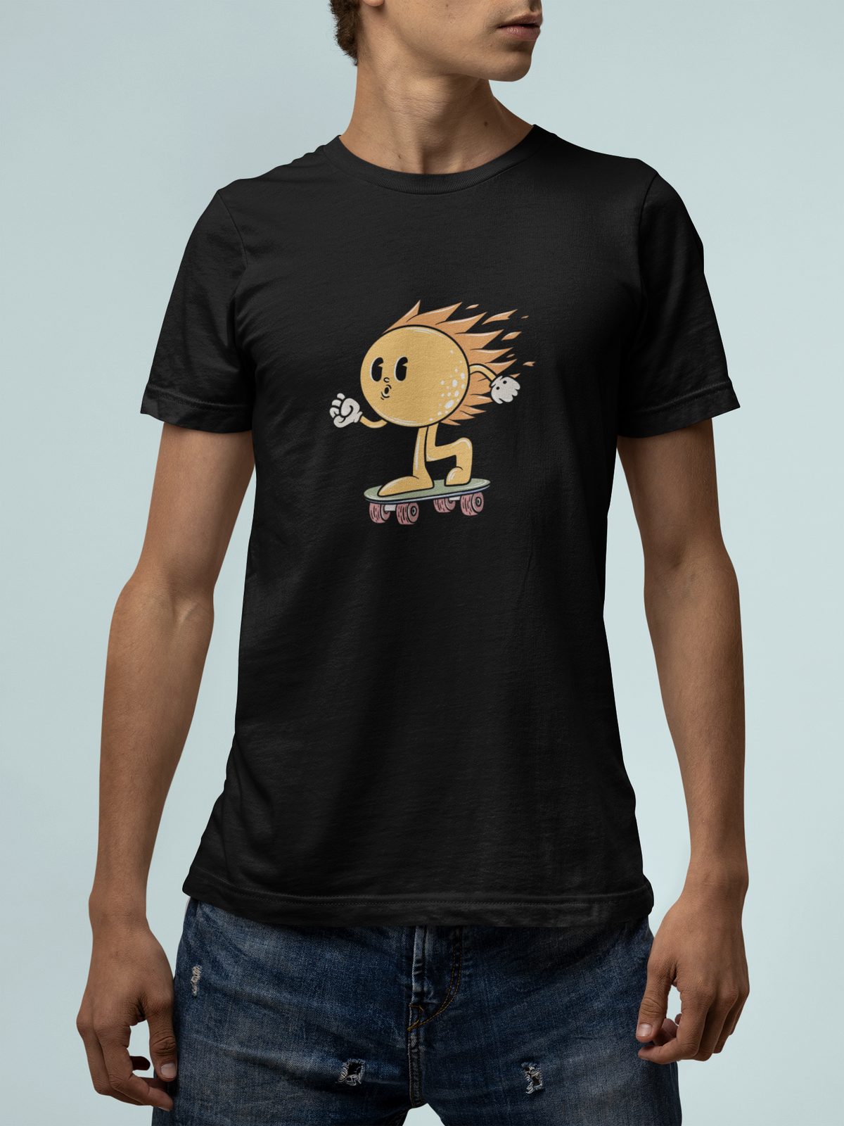 'Hot Sun Cartoon' t-shirt in black, man wearing it with jeans, T-Shirt mockup, Geekpsters