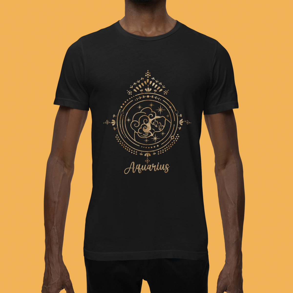 Aquarius zodiac T-shirt in black, man wearing it against an orange backdrop, astrology gift shirt