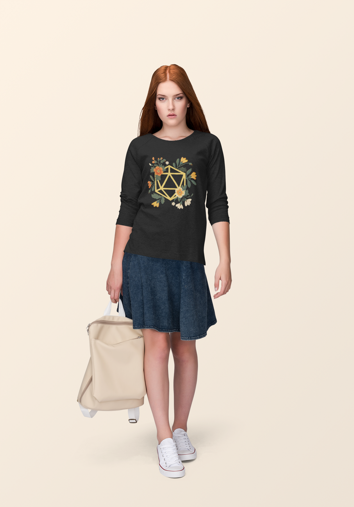 Flower Polyhedron Sweatshirt in black, redhead woman wearing it with skirt, floral d20 gift for dnd fans