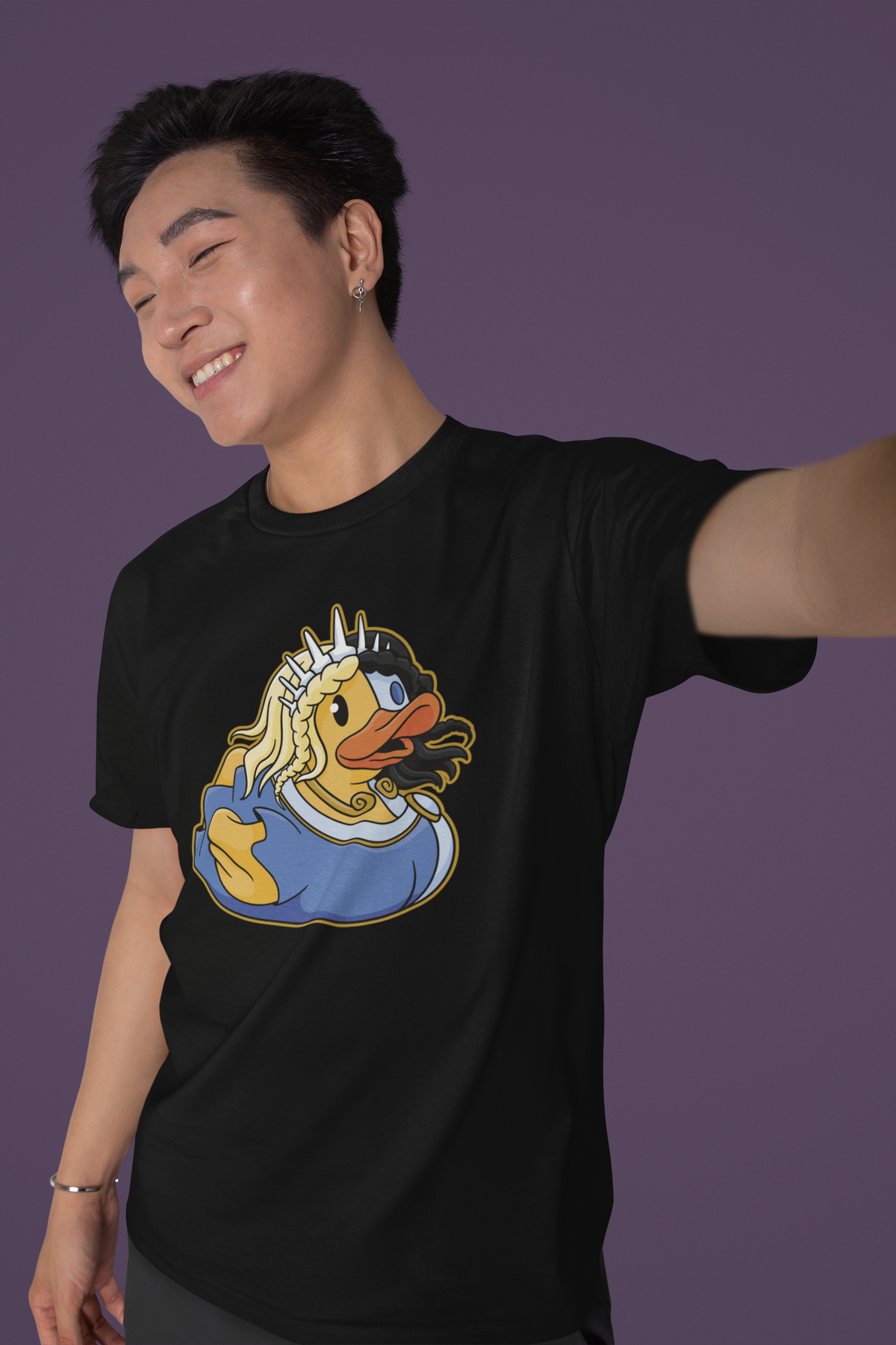 Cyber duck t-shirt in black, man model taking a selfie wearing it, funny gift for cyberpunk fans