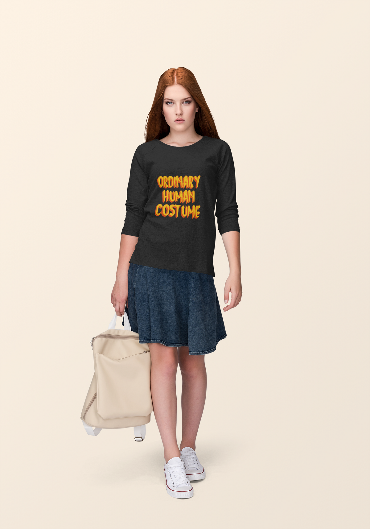 'Ordinary Human Costume' funny halloween long sleeve shirt in black, redhead woman wearing it, gift