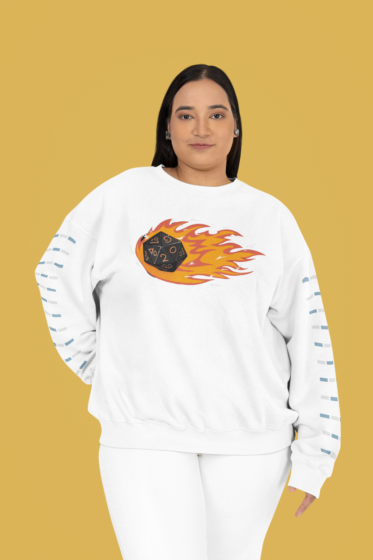 "Polyhedral Dice On Fire" sweatshirt in white, plus size woman on gold backdrop, funny gamer gift