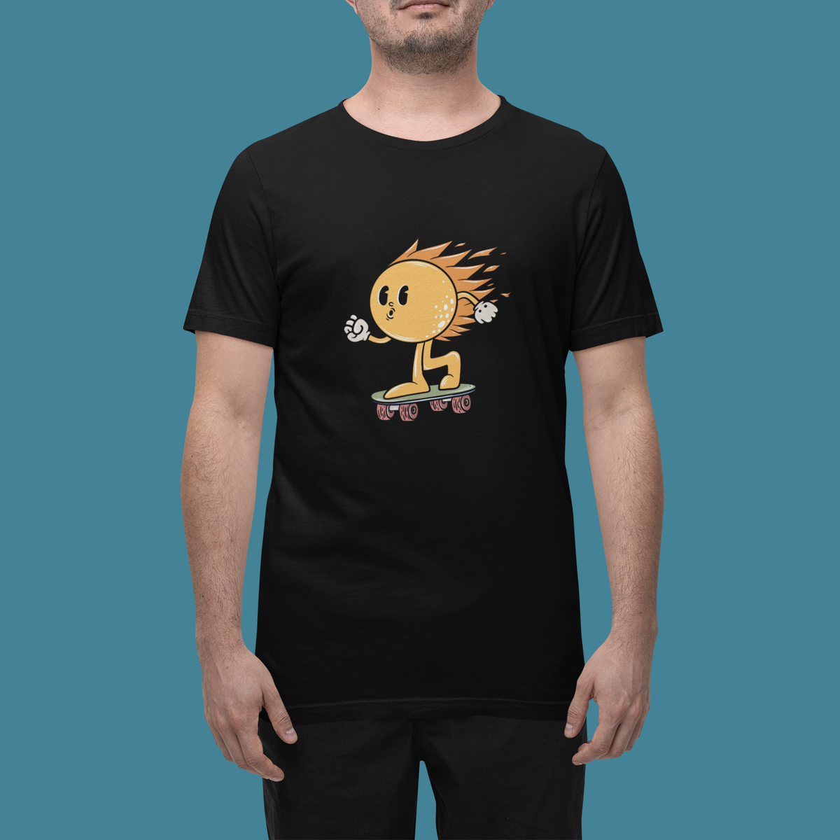 'Hot Sun Cartoon' t-shirt in black, man wearing it in a studio, T-Shirt mockup, Geekpsters