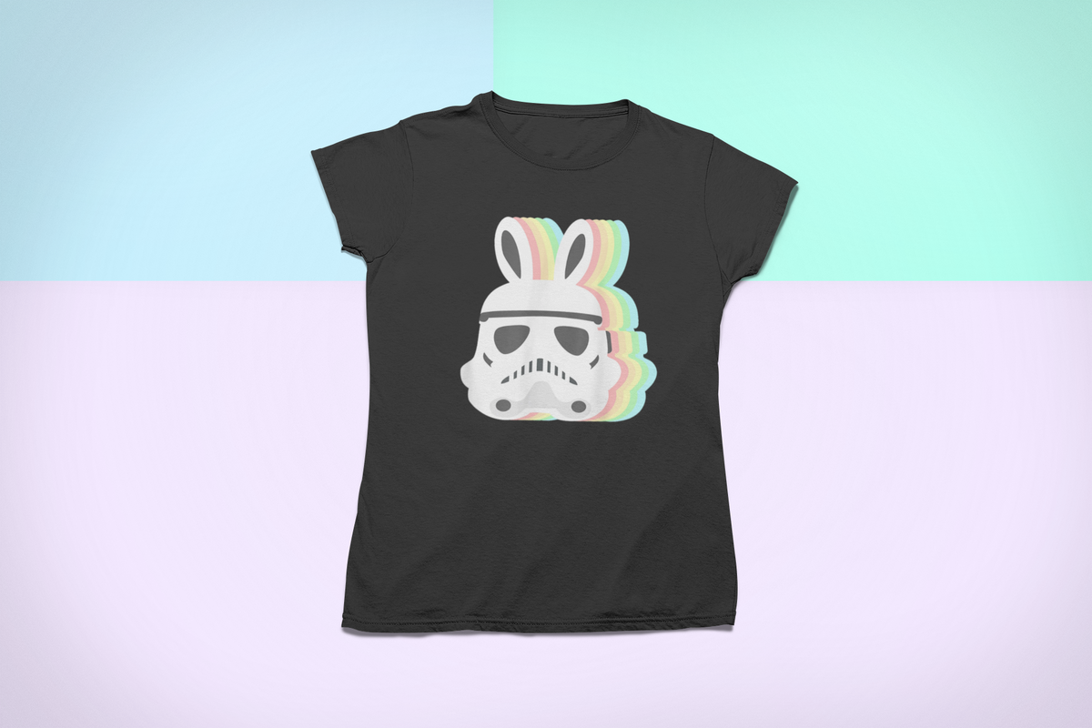 Easter Stormtrooper Bunny t-shirt in black, flat lay on pastel background, funny Easter gift
