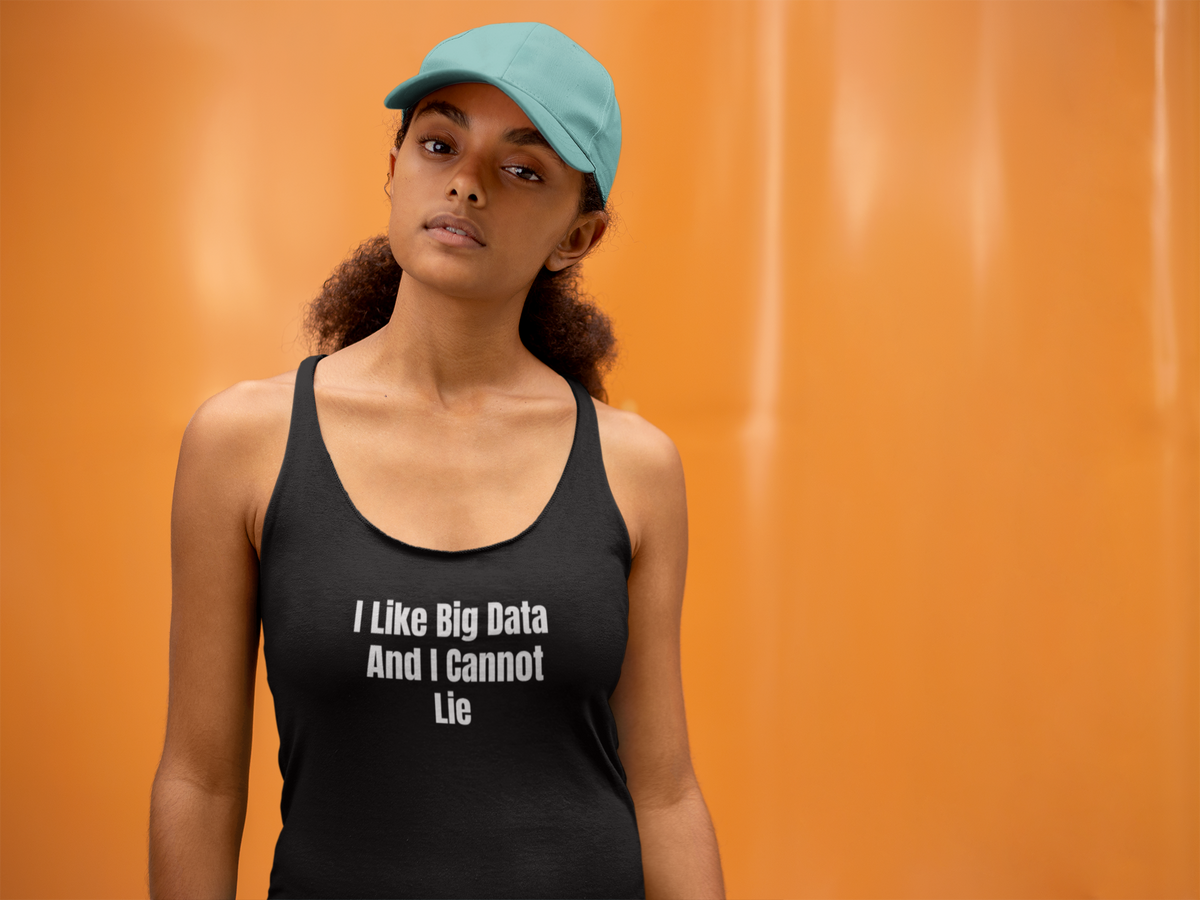 'I Like Big Data Women's Tank' in black, woman by an orange wall, Tank Top mockup, Geekpsters