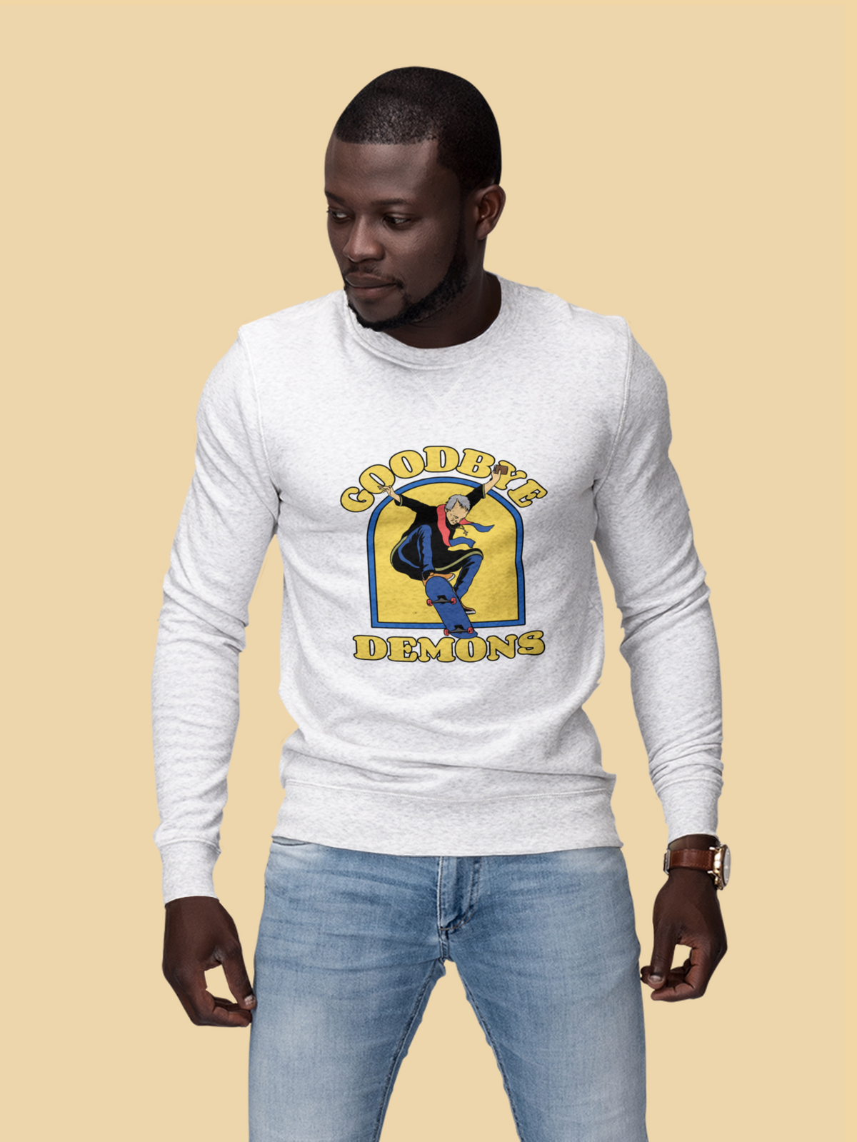 'Goodbye Demons' funny exorcist skater sweatshirt in white, man wearing it outdoors, funny halloween gift