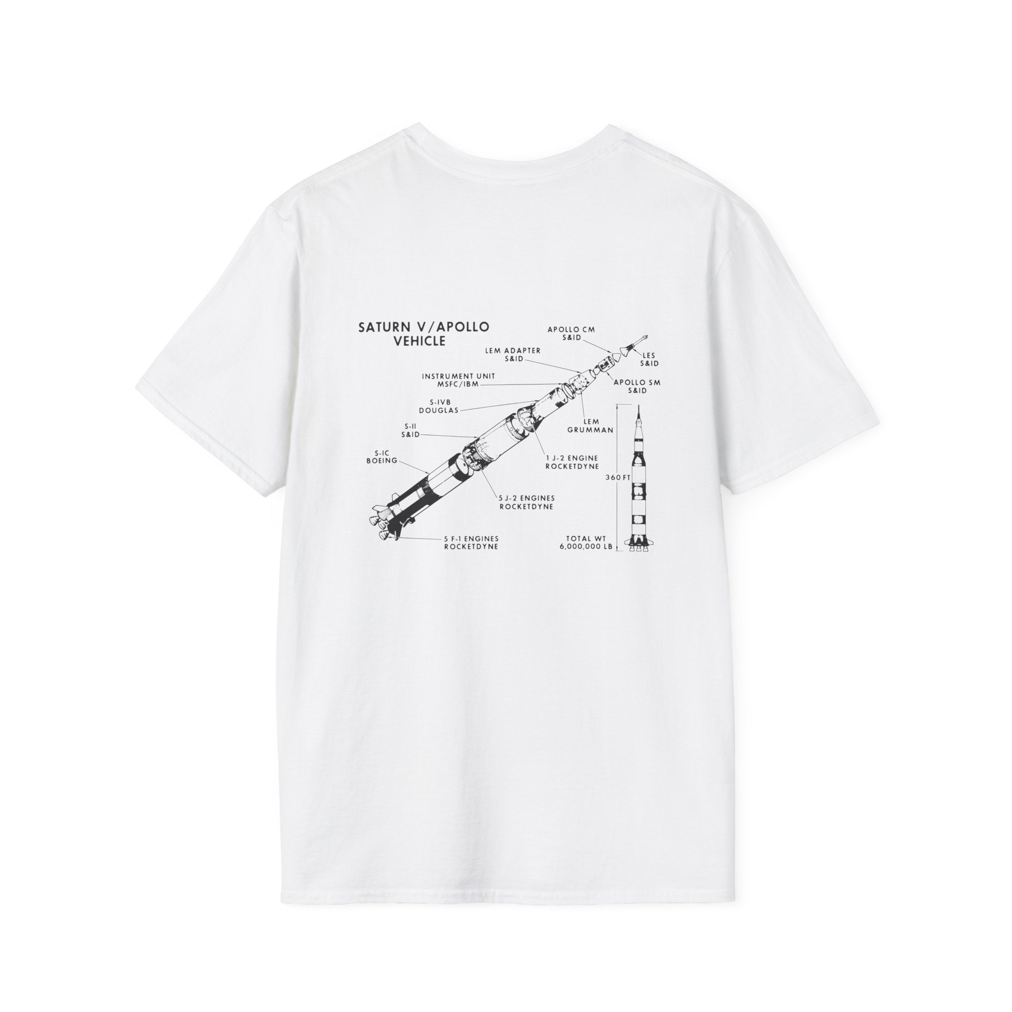 The Saturn / Apollo Vehicle T-Shirt features a black illustration of the Apollo vehicle on a white background, with its labeled parts displayed on the back—a tribute to Saturn's iconic role in space exploration.