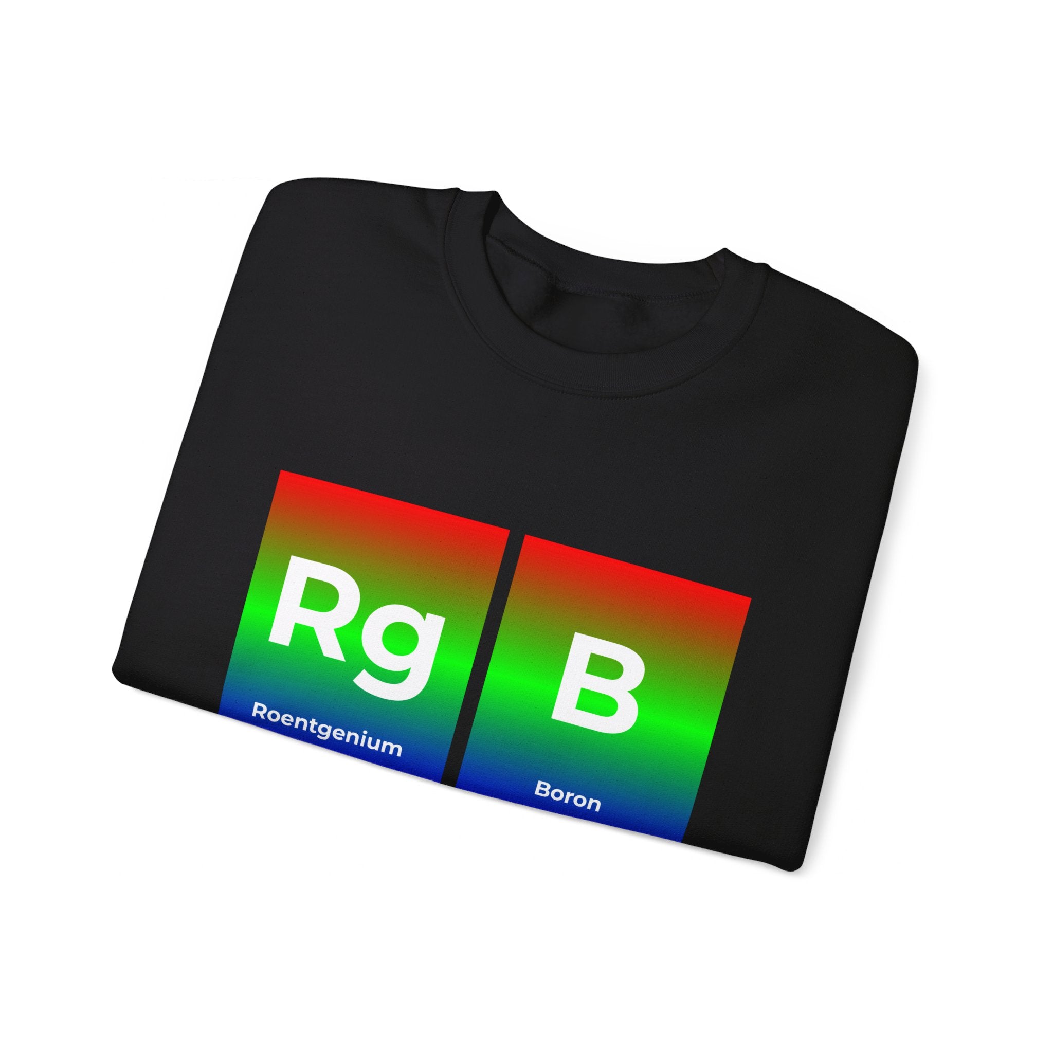 A black sweatshirt with colorful periodic table elements Roentgenium (Rg) and Boron (B), arranged to spell "RGB." Ideal for comfort lovers, this unique RG-B design merges scientific flair with everyday style.