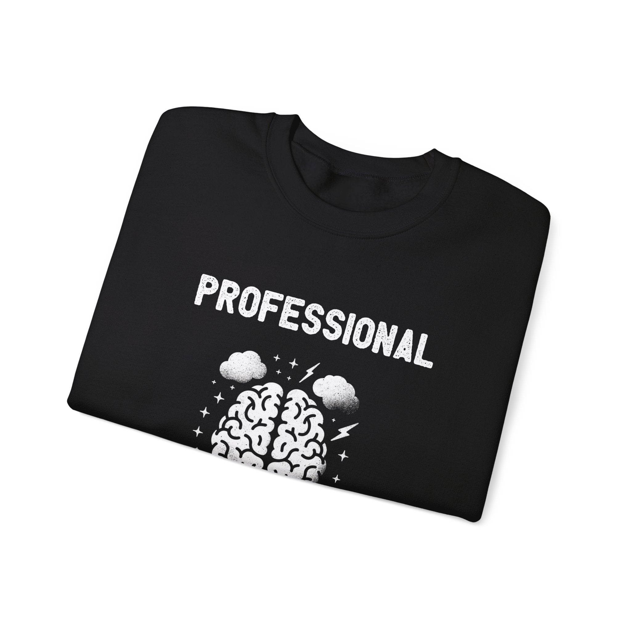 Folded black Professional Overthinker - Sweatshirt displaying the word "PROFESSIONAL" above an illustration of a brain, clouds, and lightning bolts – perfect for those cold months.