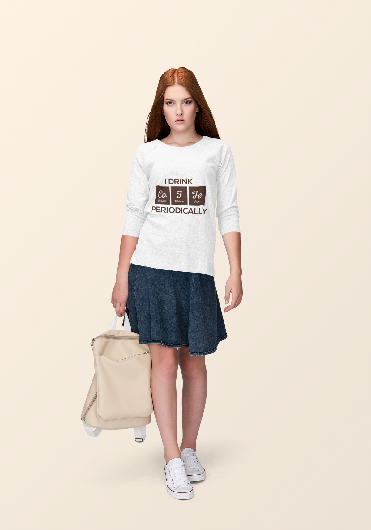 'I Drink Coffee Periodically' crewneck sweatshirt in white, woman wearing it with skirt outdoors, funny caffeine lover gift