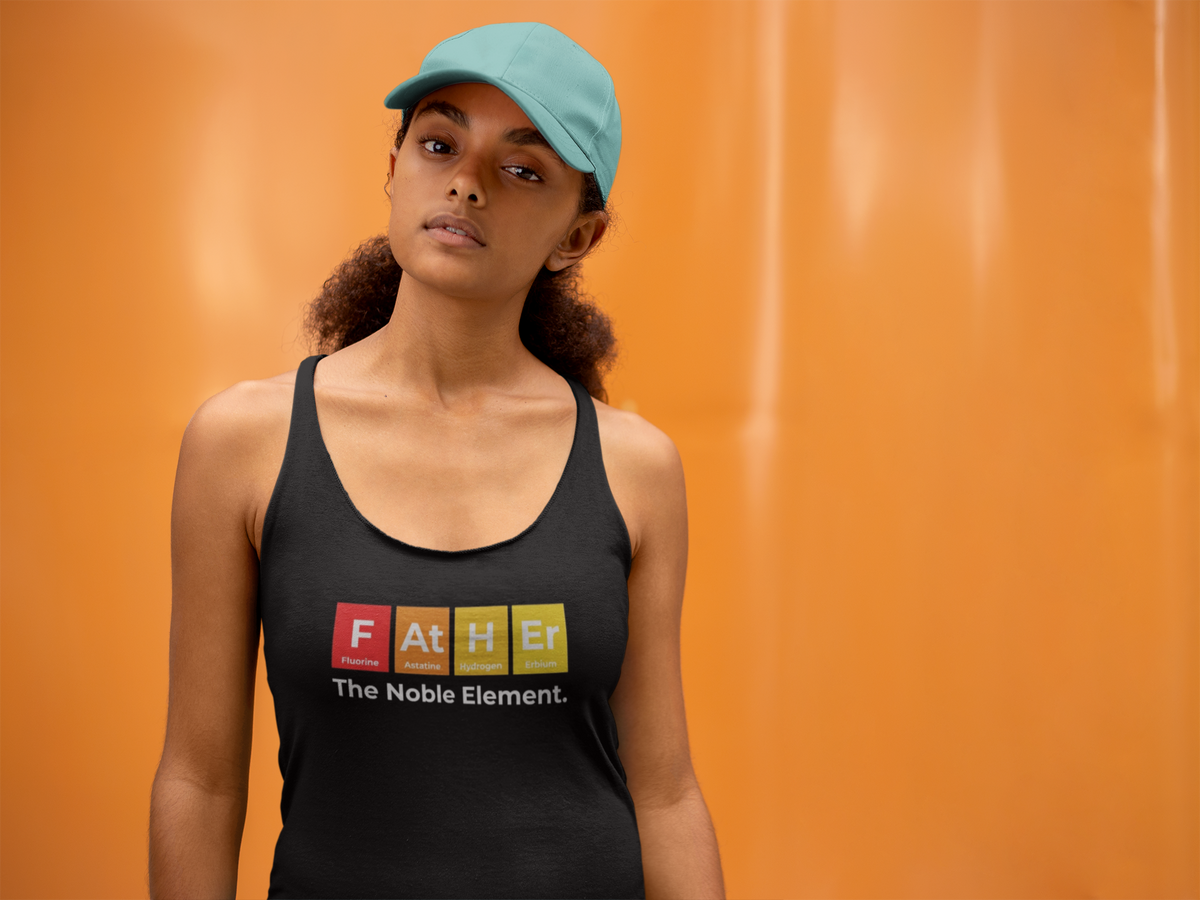 'Father' racerback tank top in black, woman wearing it by an orange wall, Tank Top mockup, Geekpsters