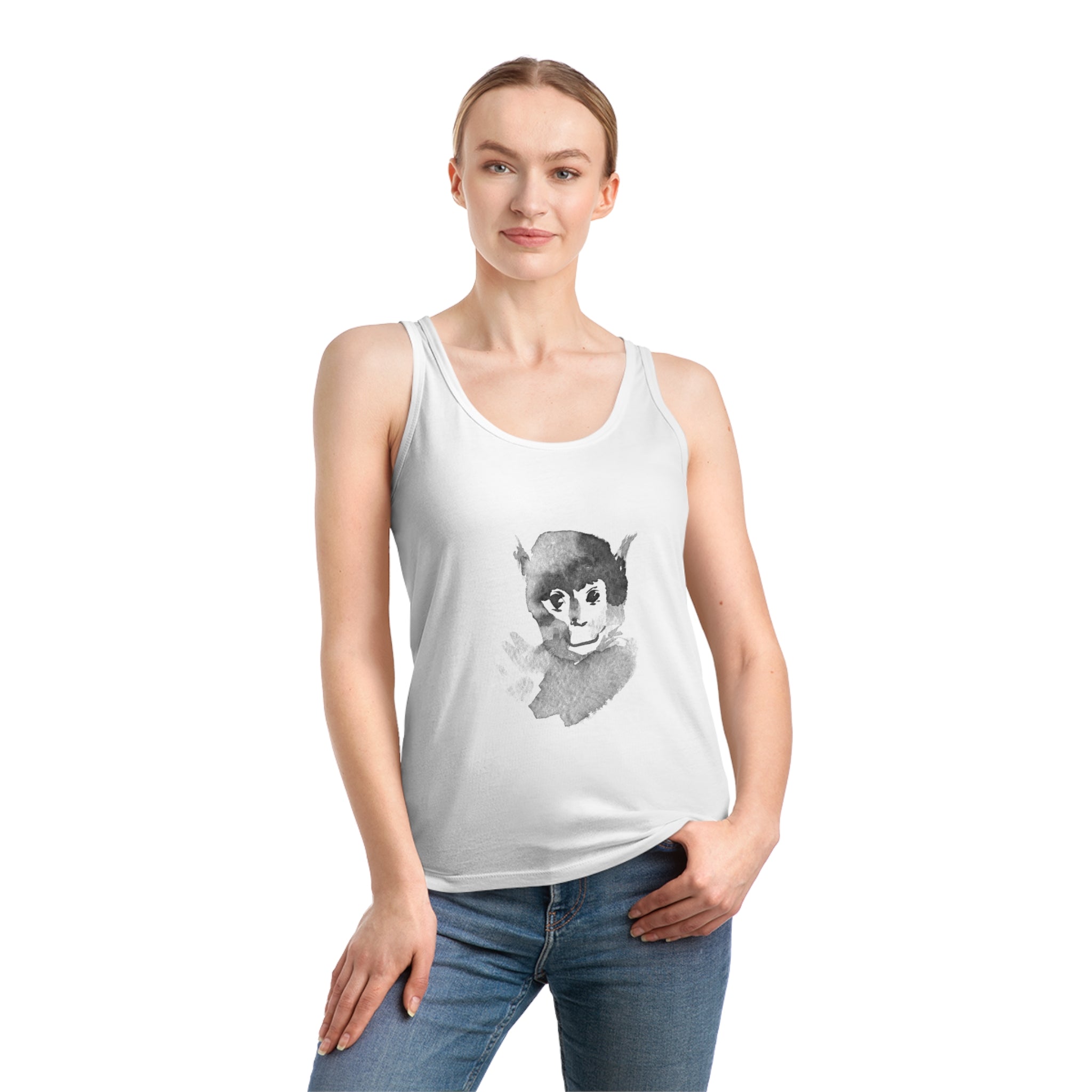 The Monkey Women's Dreamer Tank Top organic cotton showcases a black and white portrait print, making it both versatile and stylish for standing out against any plain background.