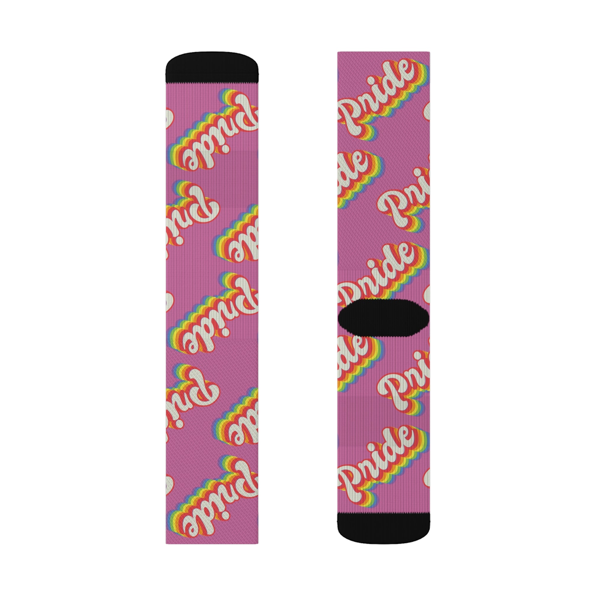 These comfortable Pride Socks feature a sublimated print with the word pride on them.