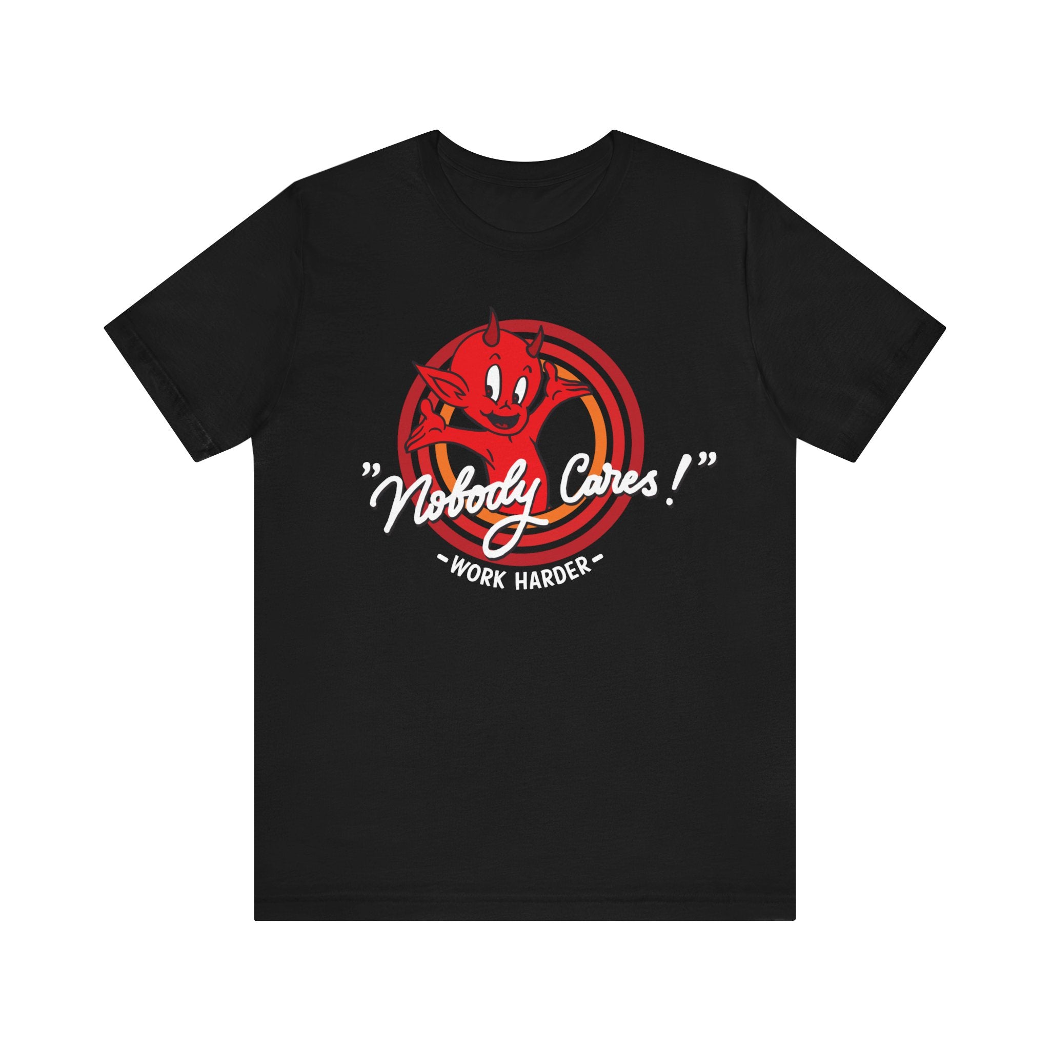 Black t-shirt featuring a quality print of a red devil graphic and the phrase "Nobody Cares" in white text.