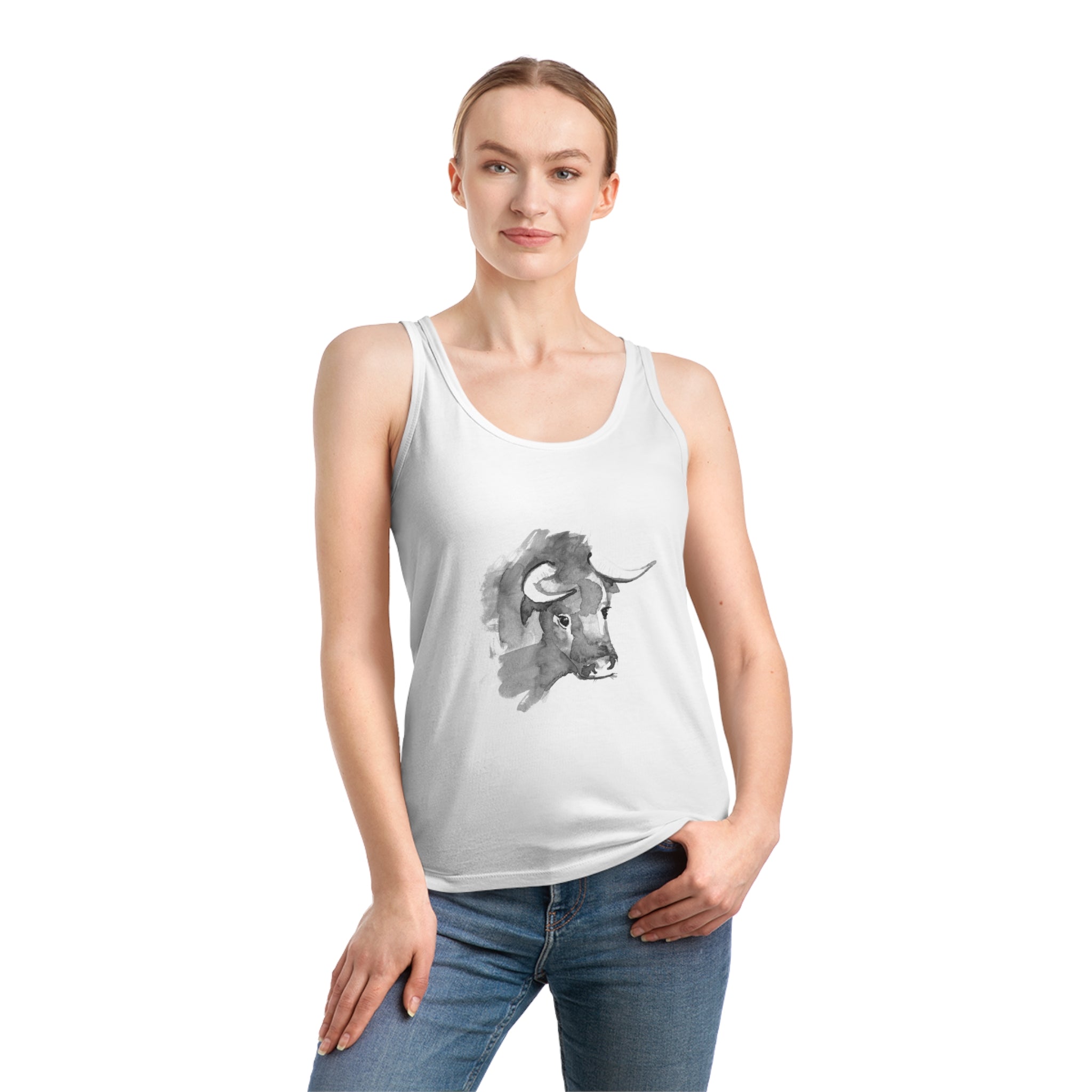 An Ox Women's Dreamer Tank Top with an image of a woman riding a horse.