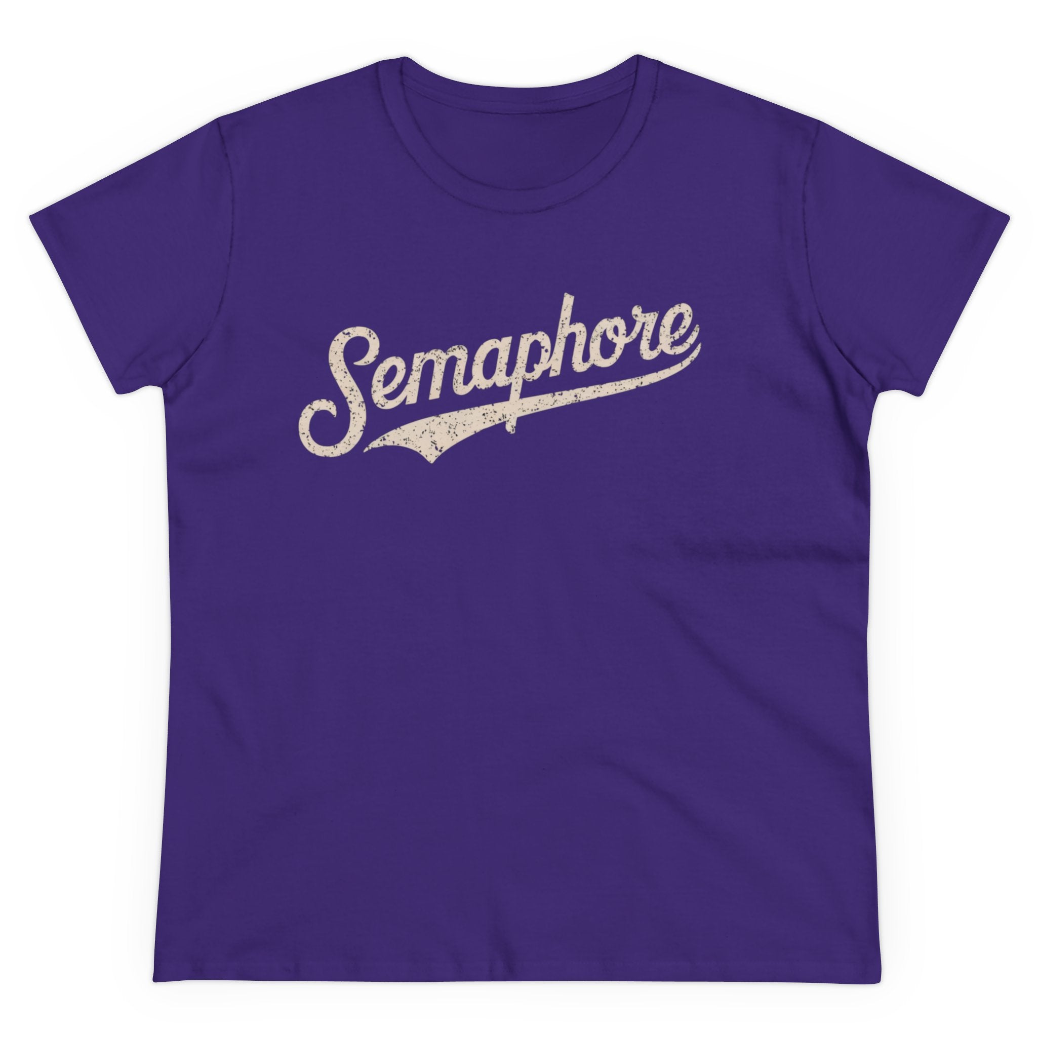 Semaphore - Women's Tee in purple with the word "Semaphore" written in a vintage-style, cursive font across the front, blending comfort and style with its contoured fit.