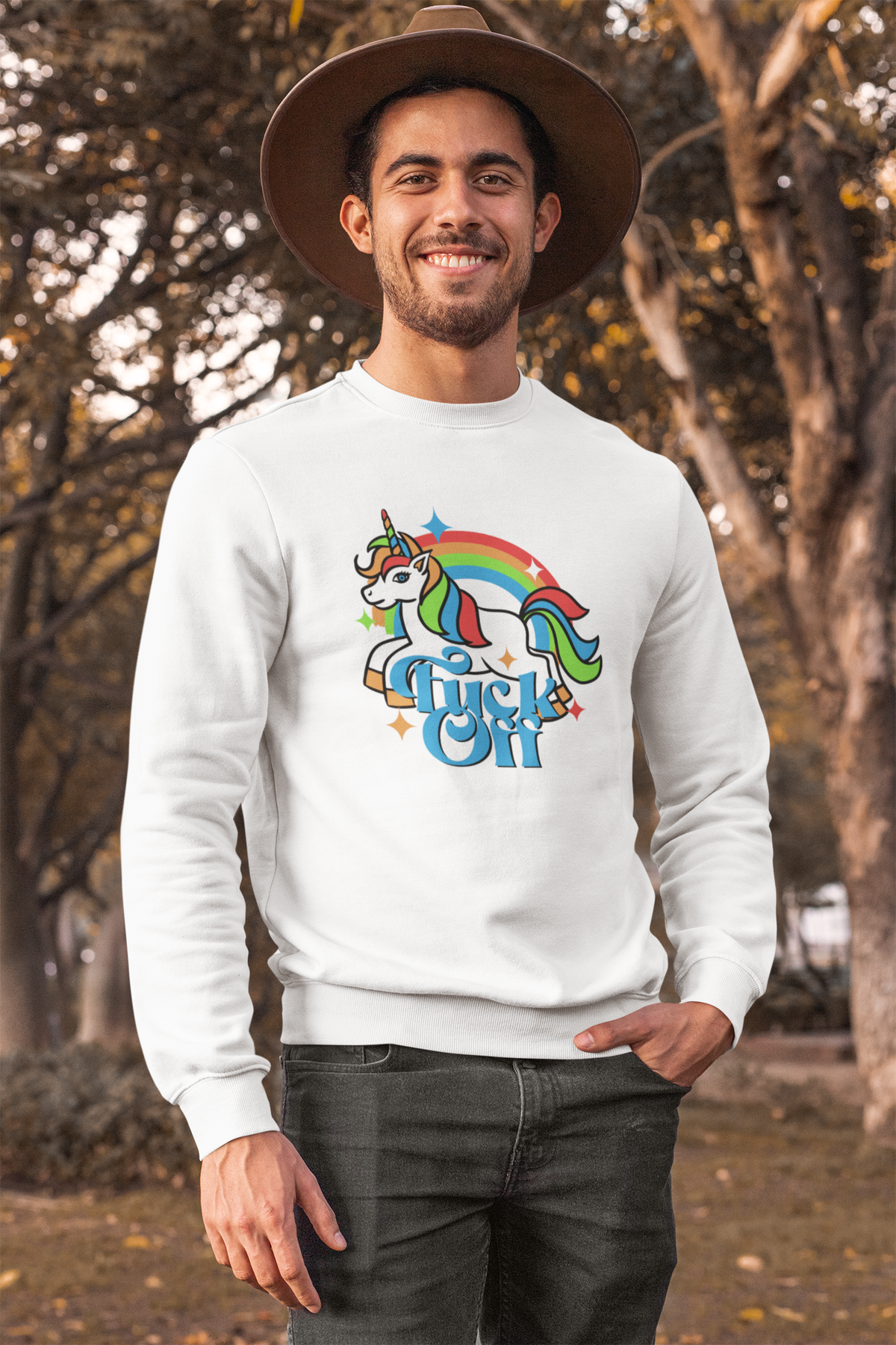 F Off Sweatshirt in white, man wearing it outdoors in park, sarcastic unicorn sweatshirt gift