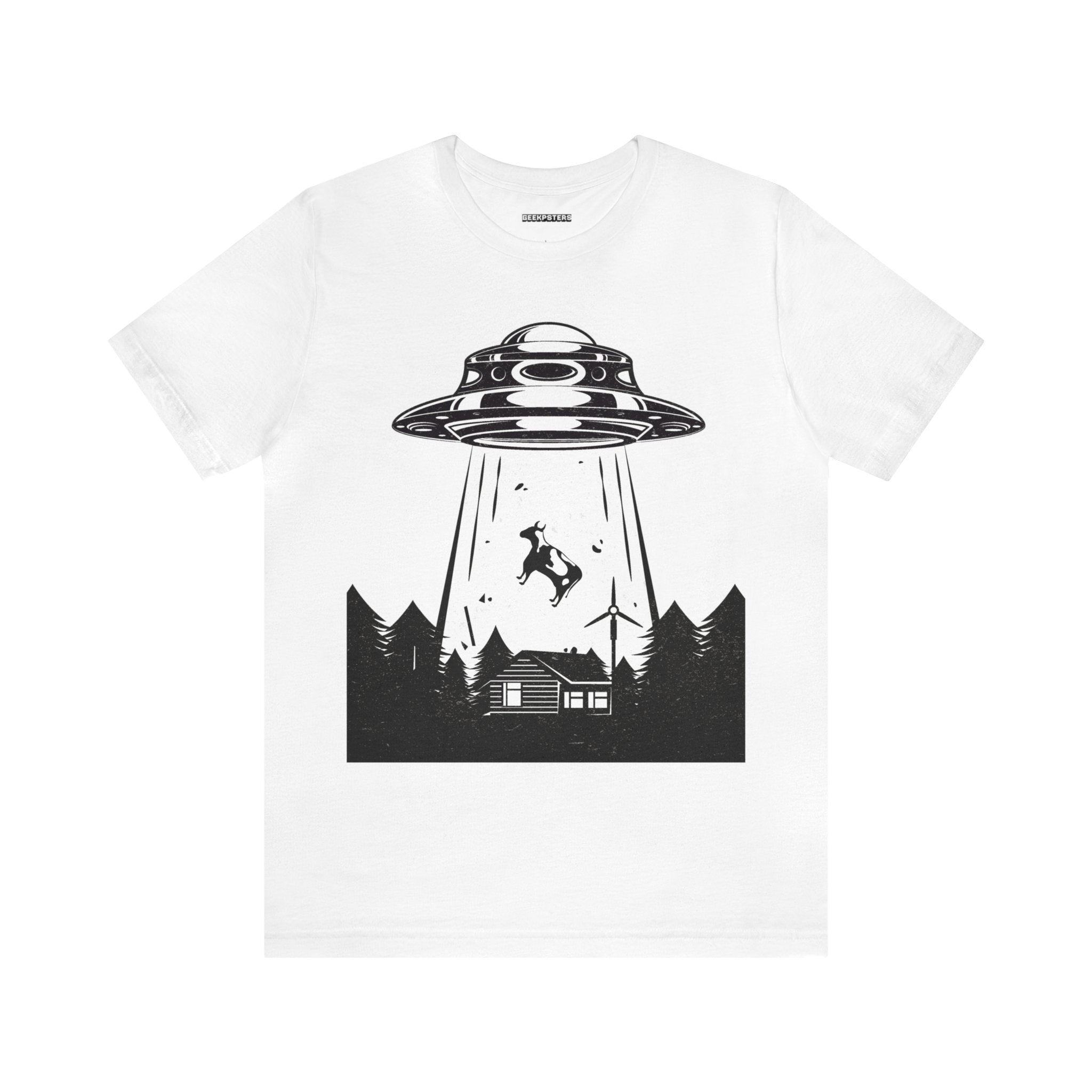 For sci-fi enthusiasts and Alien Abduction fans, this geeky accessory features a UFO flying over a house on a white t-shirt.