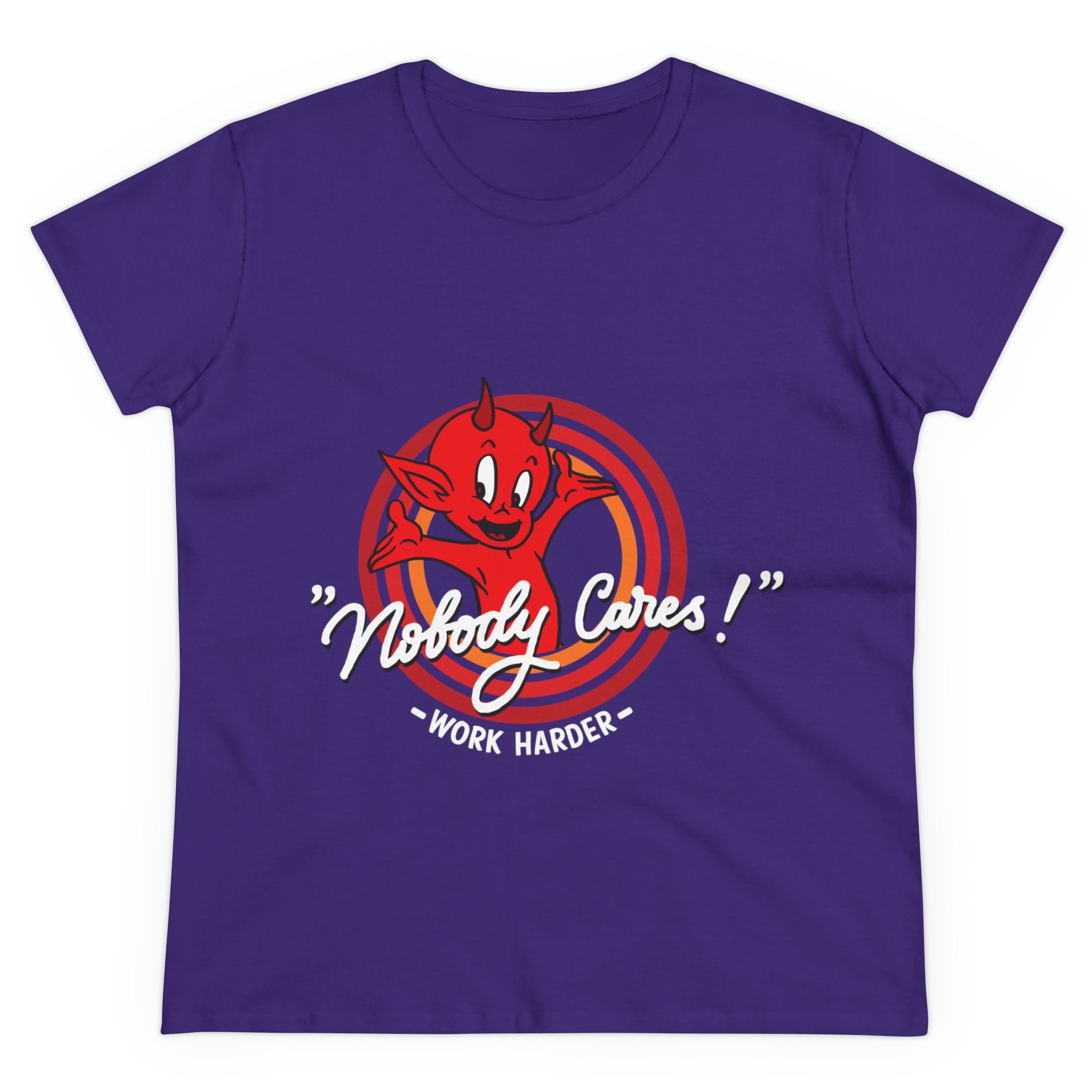 Nobody Cares - Women's Tee, pre-shrunk cotton, featuring a red cartoon devil and the text "Nobody Cares! Work Harder" on the front, designed with a semi-fitted silhouette for a flattering look.