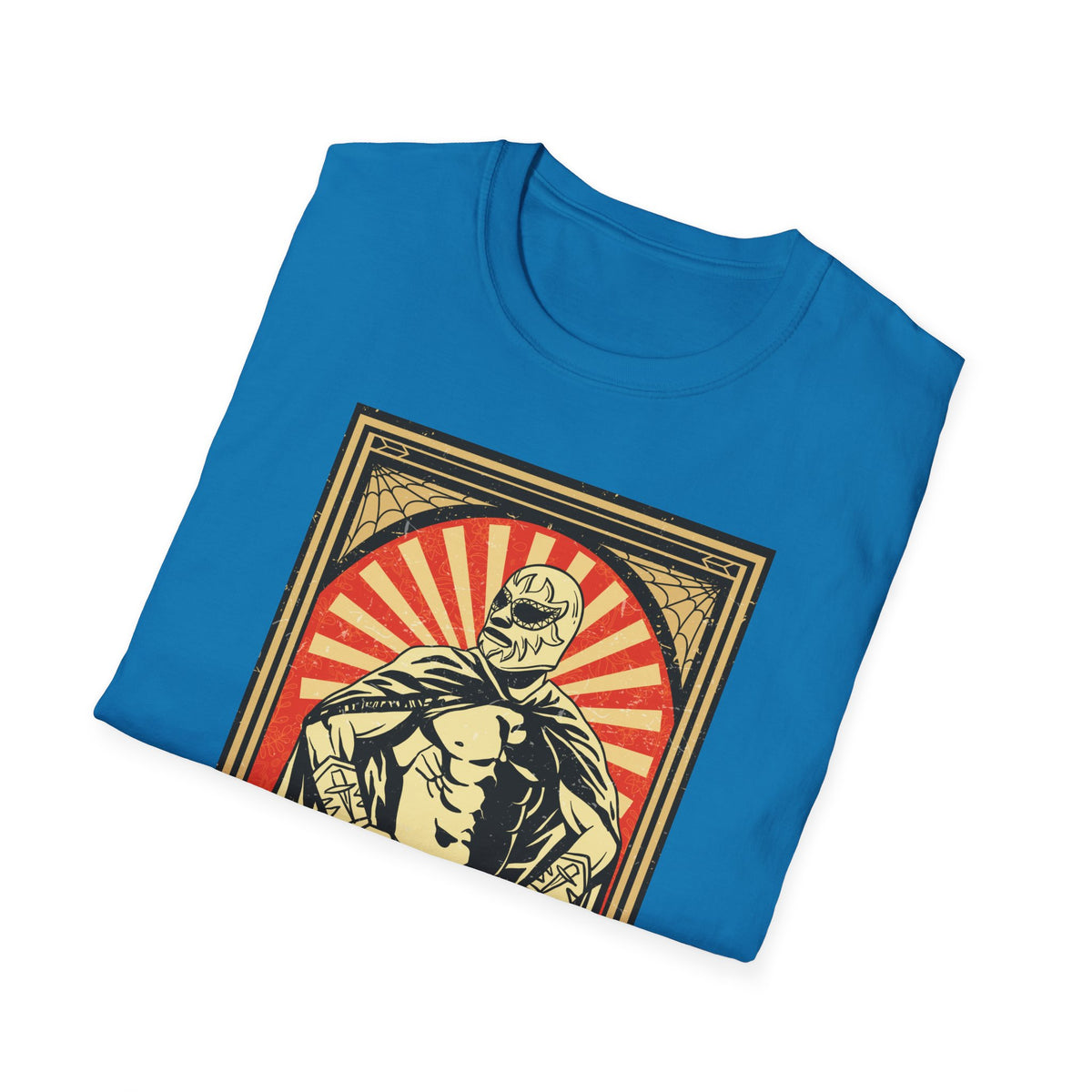 'Mexican Wrestler' retro poster print folded on sapphire blue t-shirt, funny lucha libre gift idea