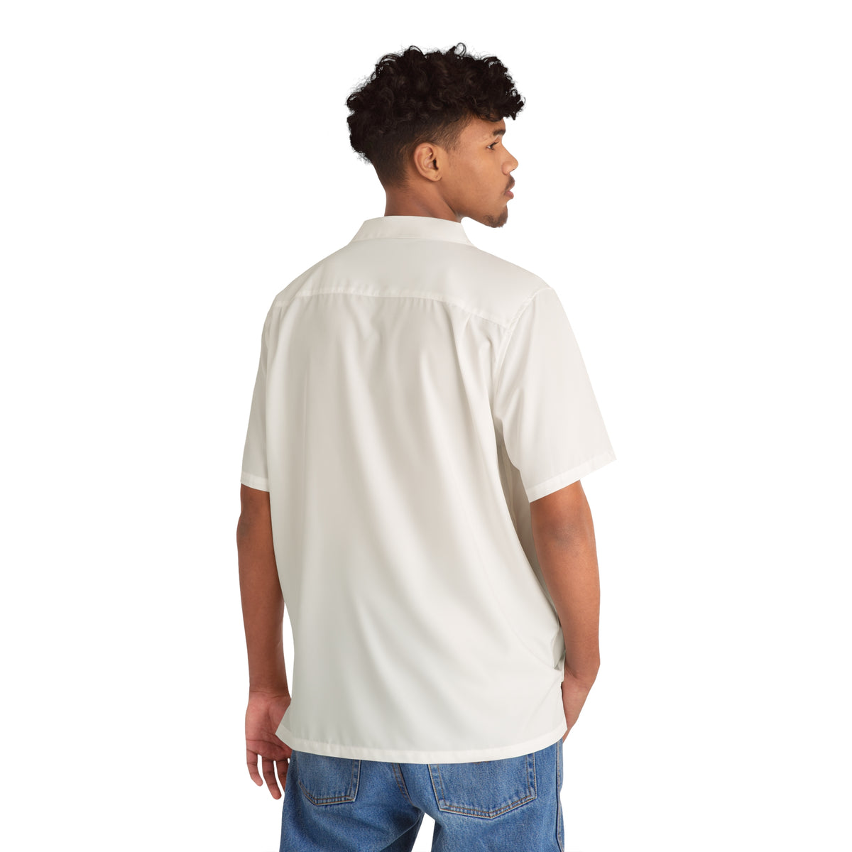 Fish In The Water print camp shirt in white, man wearing it back view, artsy button-up shirt for men