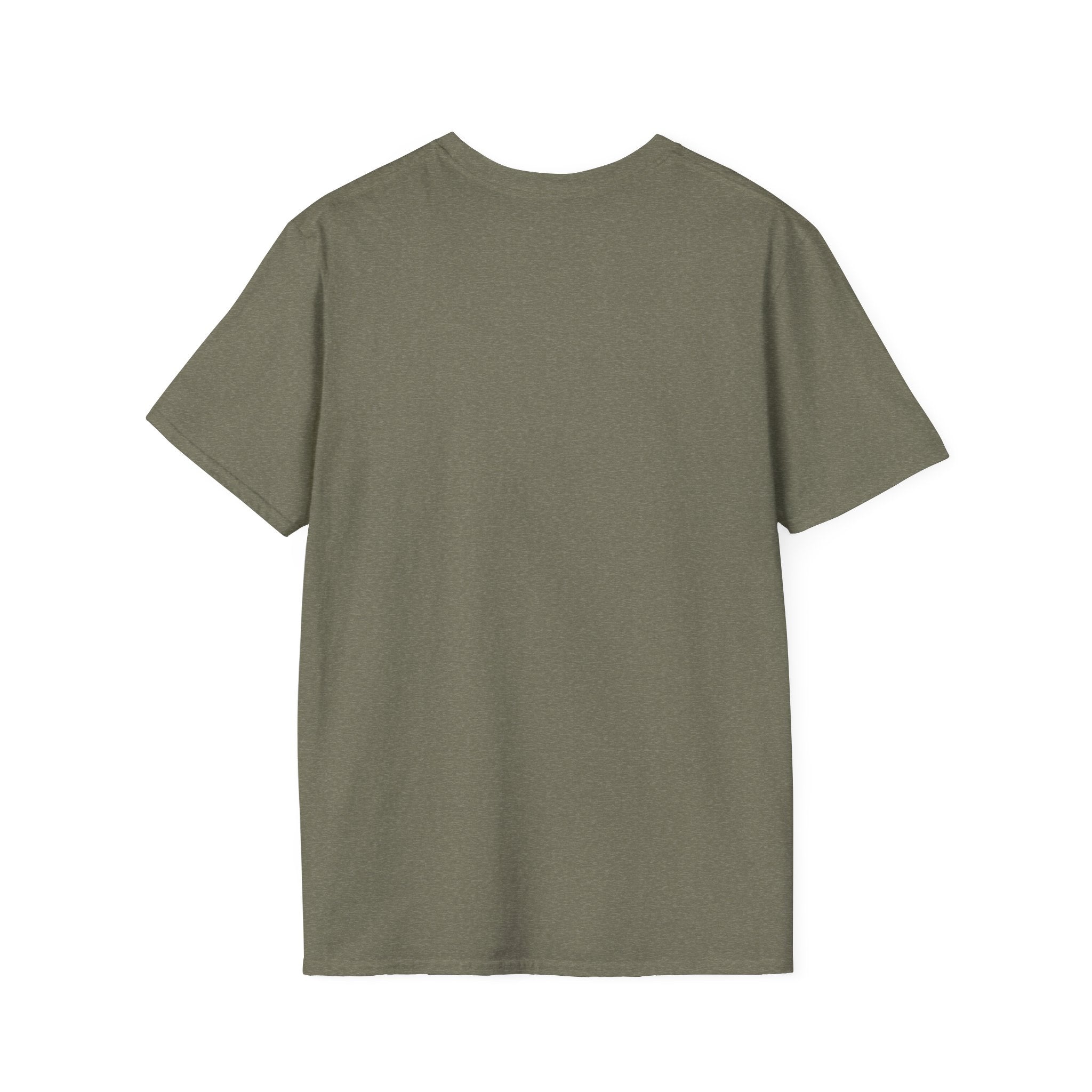 Rear view of an olive-green, Can You Digit short-sleeve t-shirt laid flat.