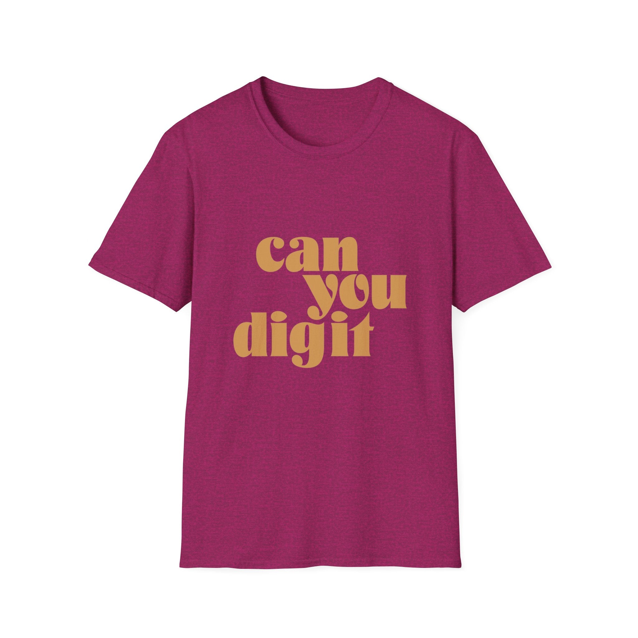 A maroon-colored t-shirt with the phrase "Can You Digit" printed in large beige letters on the front.