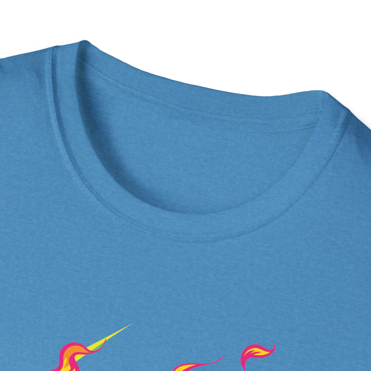 Close-up of 'Skull in Flames' t-shirt neckline in heather sapphire with flame print, funny gothic tee