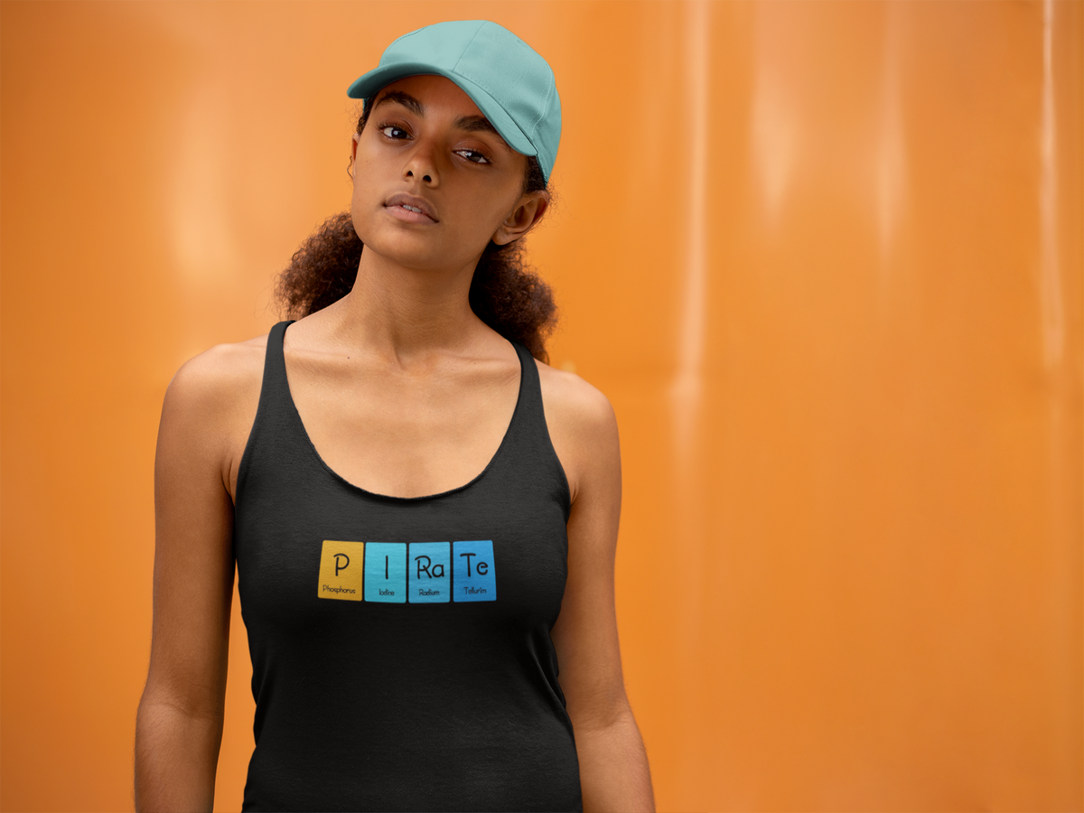 'P-I-Ra-Te Periodic Table Women's Tank' in black, woman by an orange wall, Tank Top mockup, Geekpsters