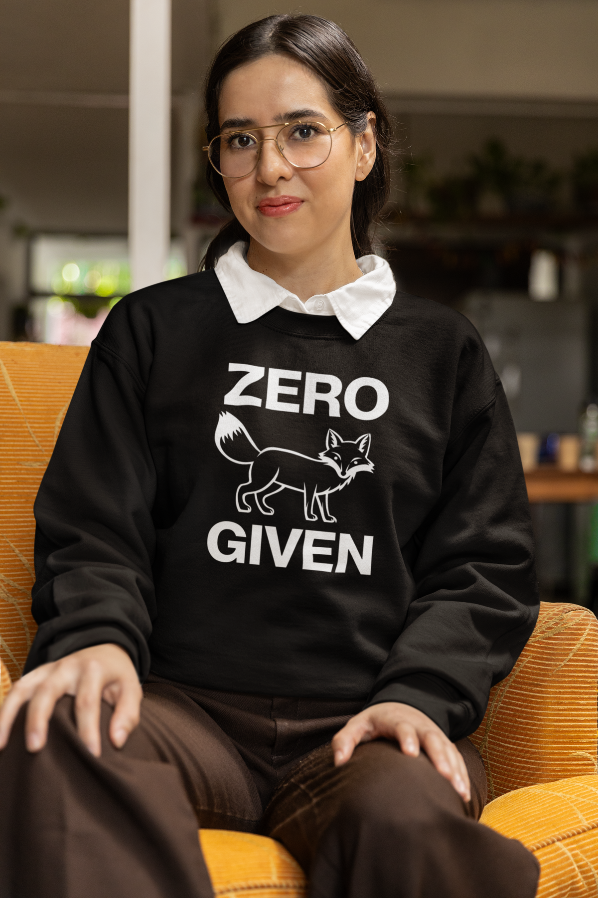 'Zero Fox Given Sweatshirt' in black, woman in a vintage outfit, Sweatshirt mockup, Geekpsters